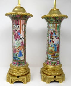 Famille Rose Medallion Canton Cantonese Ormolu Mounted Chinese Table Lamps Pair