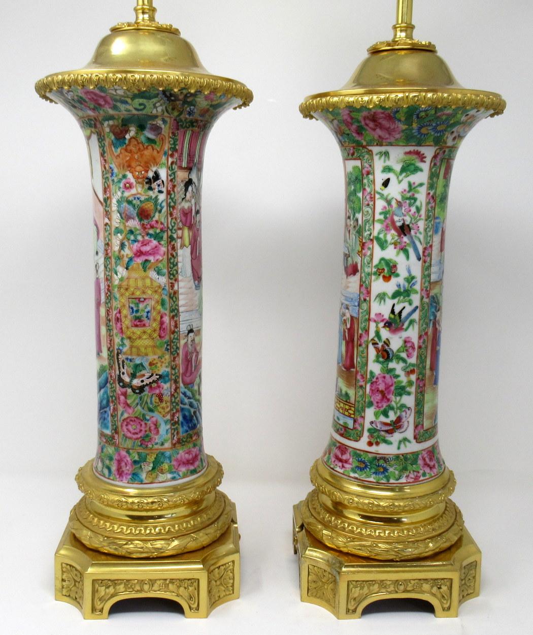 Early Victorian Famille Rose Medallion Canton Cantonese Ormolu Mounted Chinese Table Lamps Pair