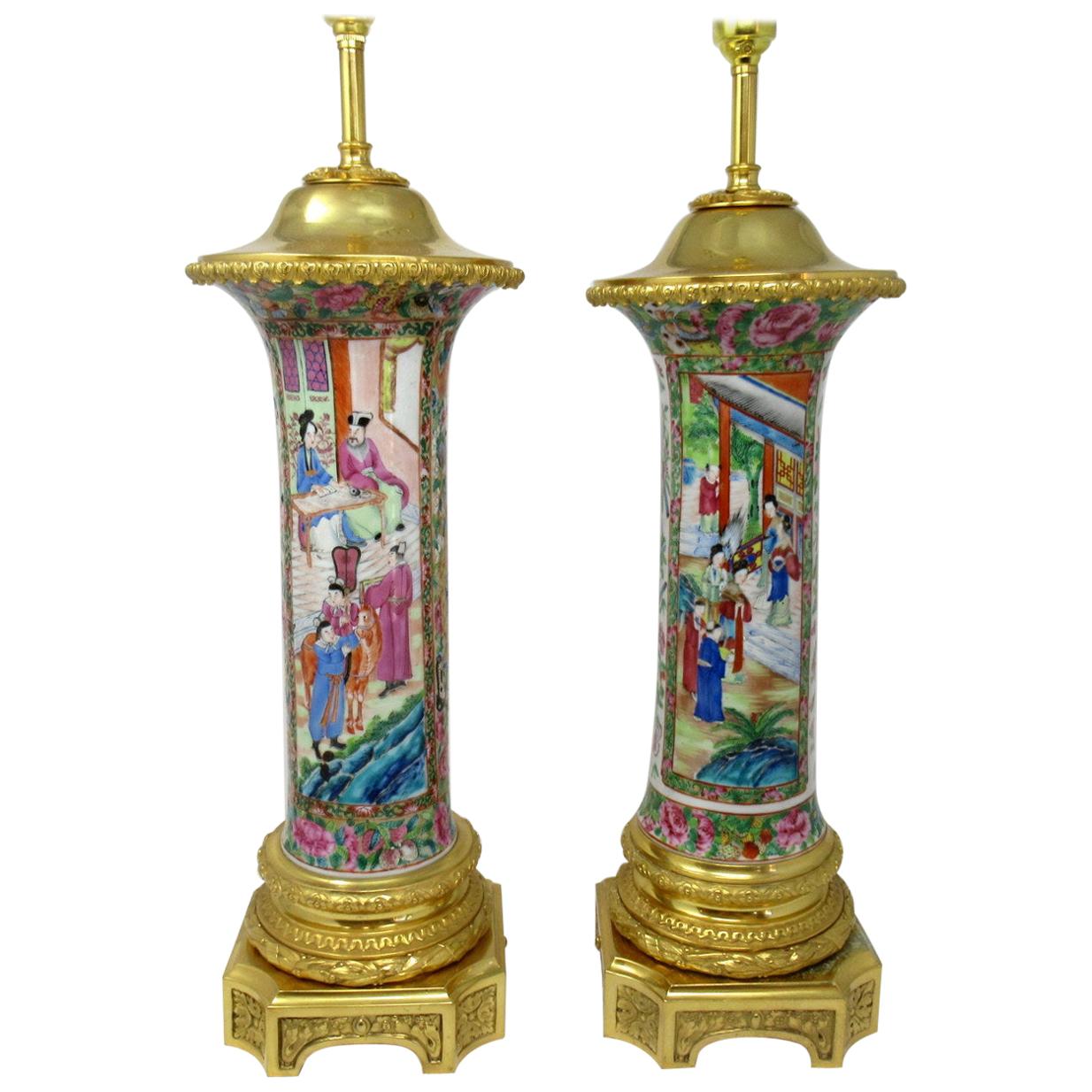 Famille Rose Medallion Canton Cantonese Ormolu Mounted Chinese Table Lamps Pair