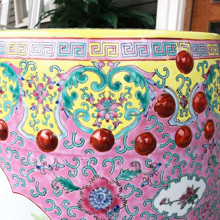 Chinoiserie Famille Rose Pink Ceramic Garden Seat Stool or Occasional Table 1960s China