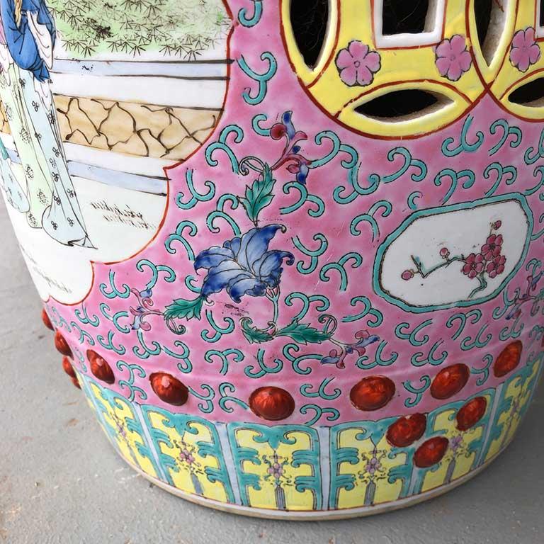 Chinese Famille Rose Pink Ceramic Garden Seat Stool or Occasional Table 1960s China