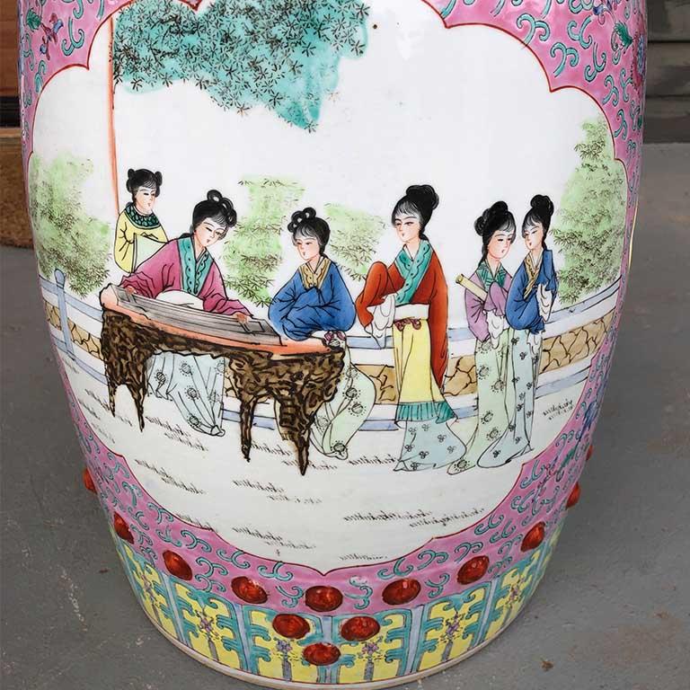 Famille Rose Pink Ceramic Garden Seat Stool or Occasional Table 1960s China 1