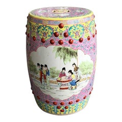 Famille Rose Pink Ceramic Garden Seat Stool or Occasional Table 1960s China