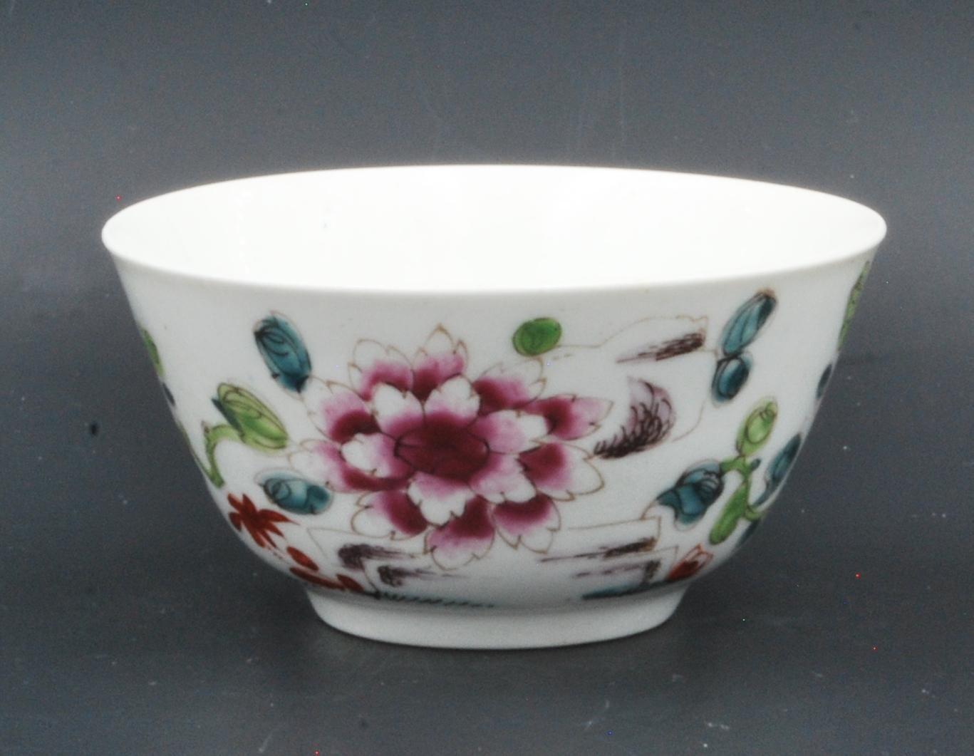 Chinoiserie Famille Rose Tea Bowl & Saucer, Bow Porcelain Factory, circa 1755 For Sale