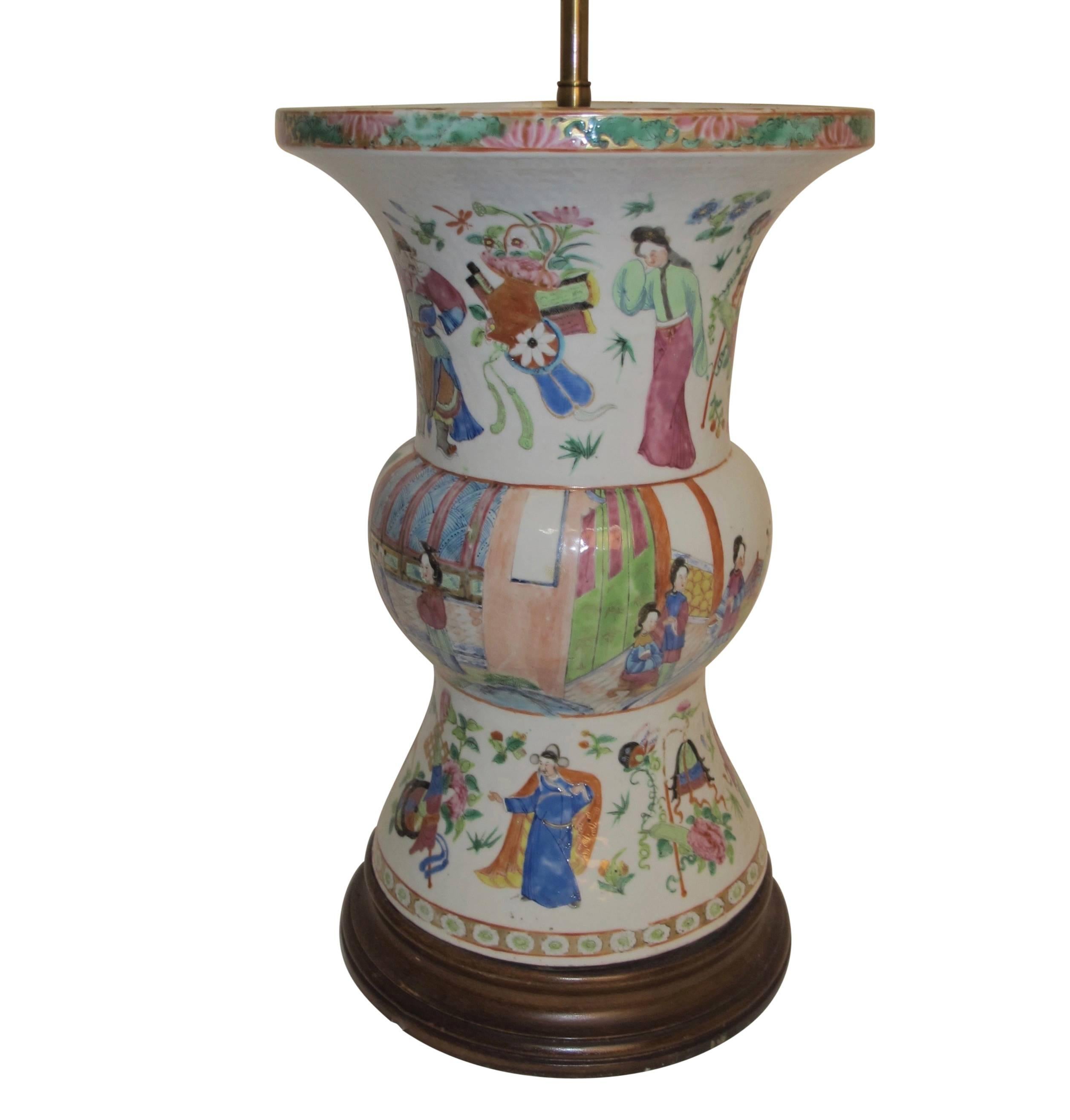 Famille Rose Vase Lamp with Hand Painted Figures, Chinese 19th Century In Excellent Condition In San Francisco, CA