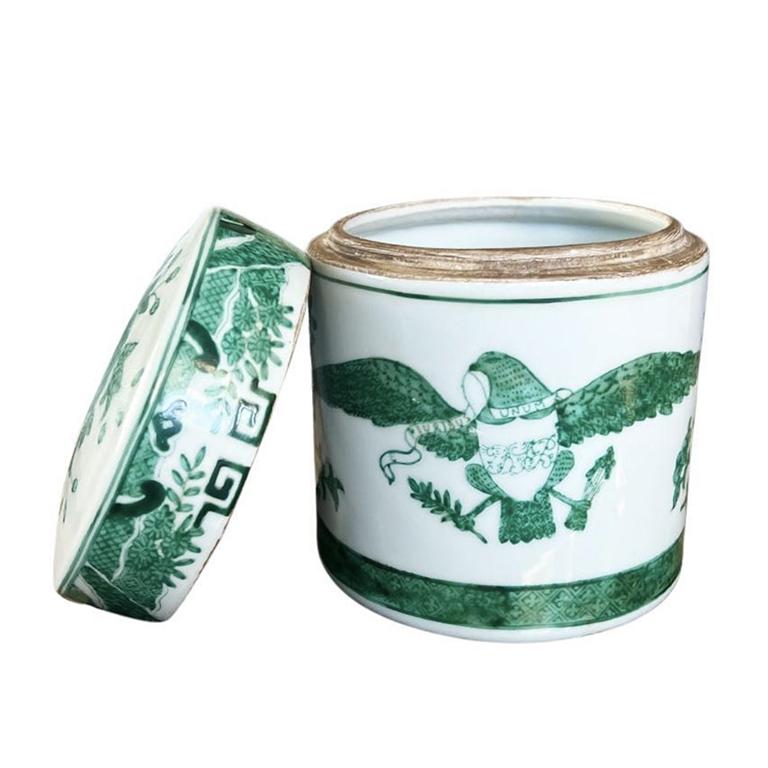 Chinese Famille Vert Ceramic Chinoiserie Eagle Tea Caddy in Green Early 20th Century For Sale