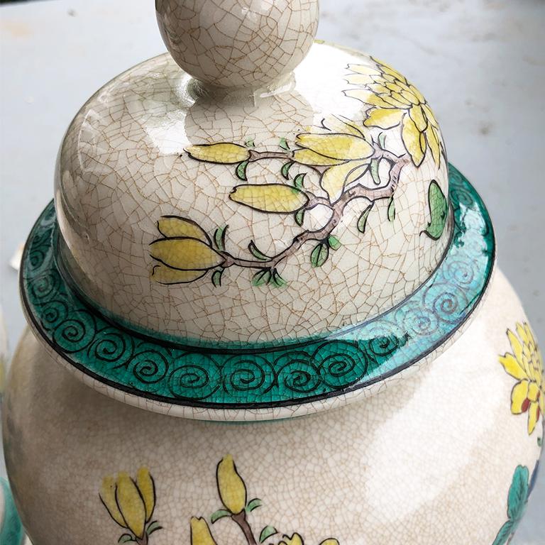 Chinese Export Japanese Kutani Style Studio Ware Ceramic Yellow Floral Accents Emerald Lids