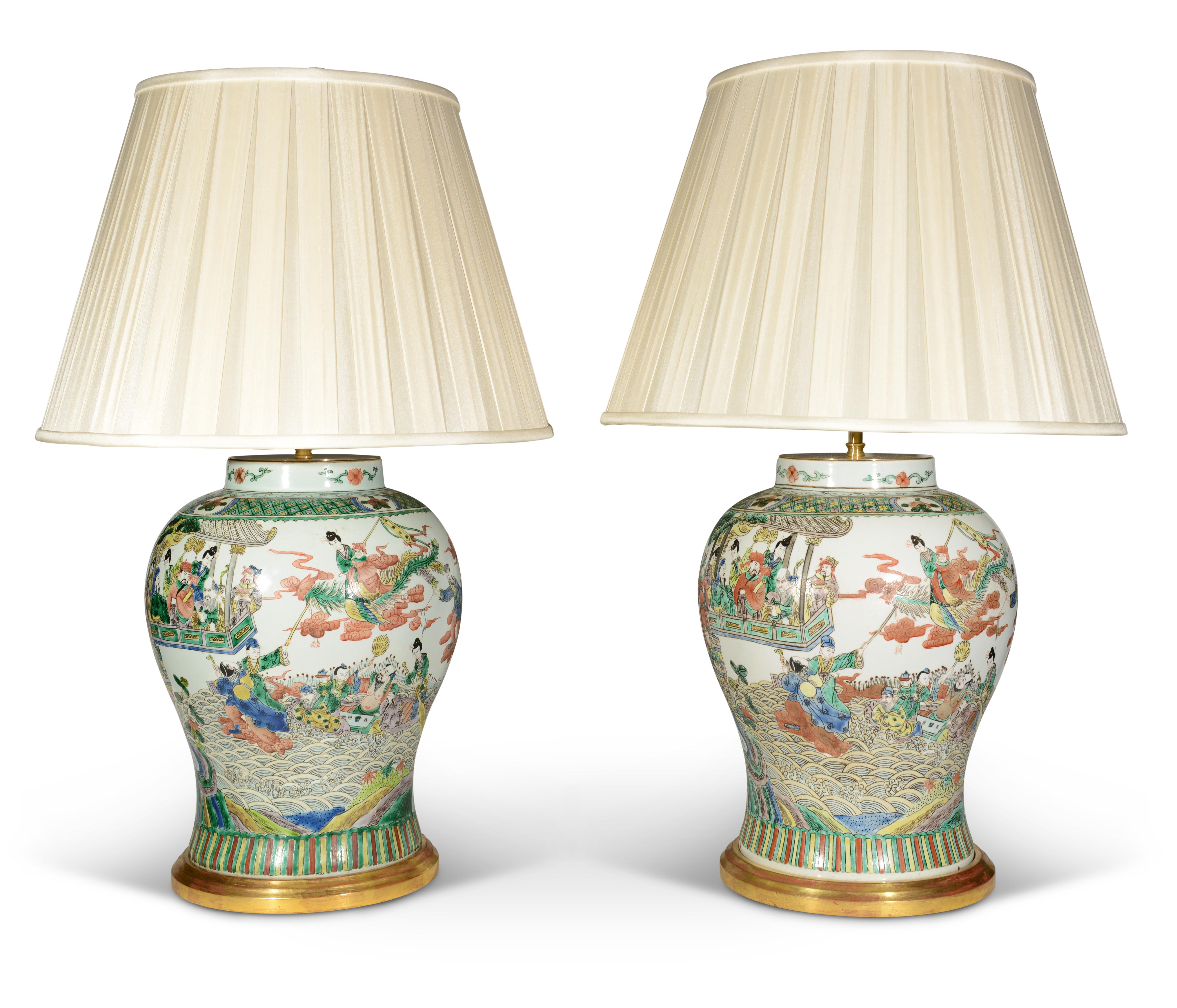 Glazed Famille Verte Chinese Pair of 20th Century Antique Table Lamps For Sale