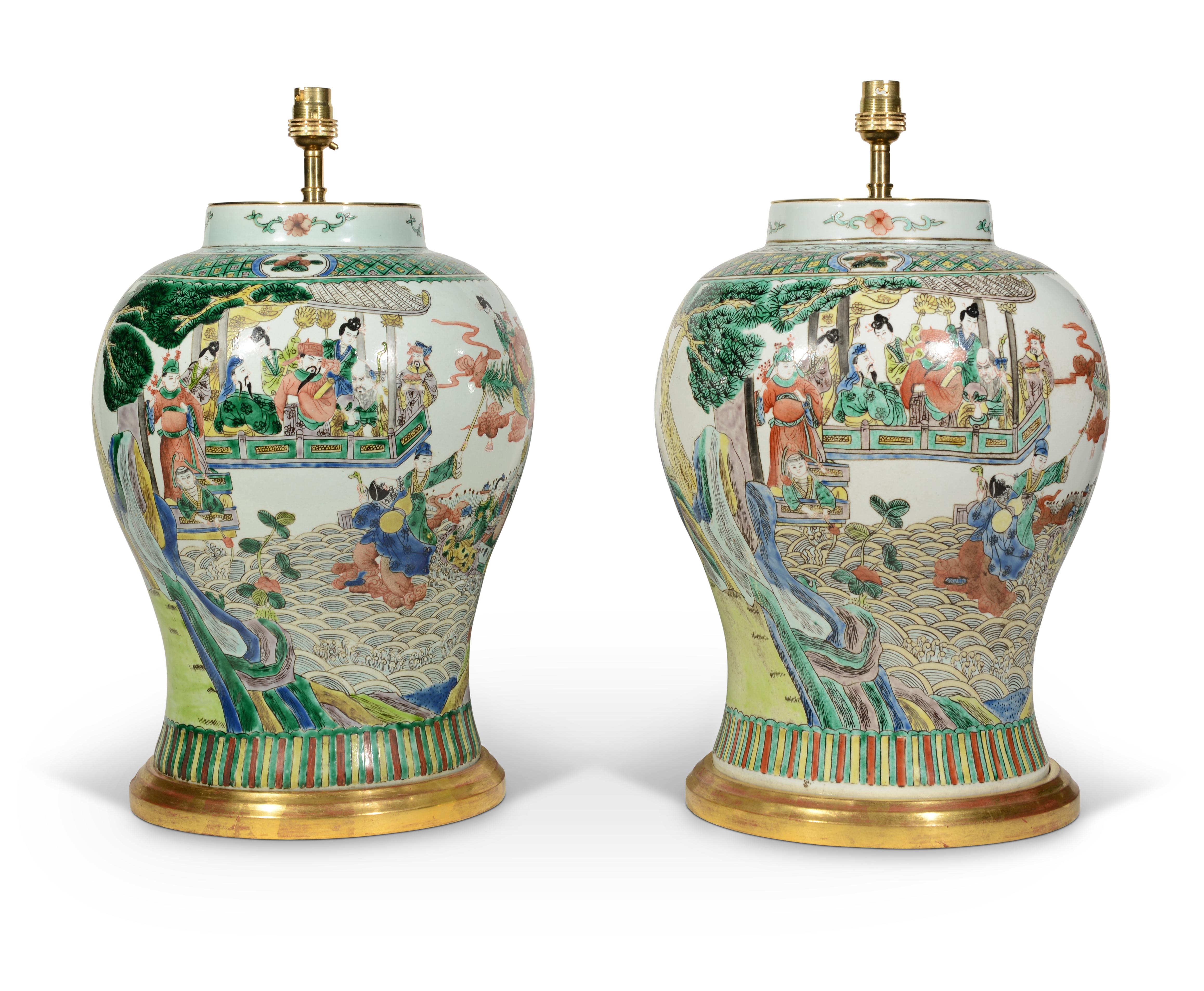 Porcelain Famille Verte Chinese Pair of 20th Century Antique Table Lamps For Sale