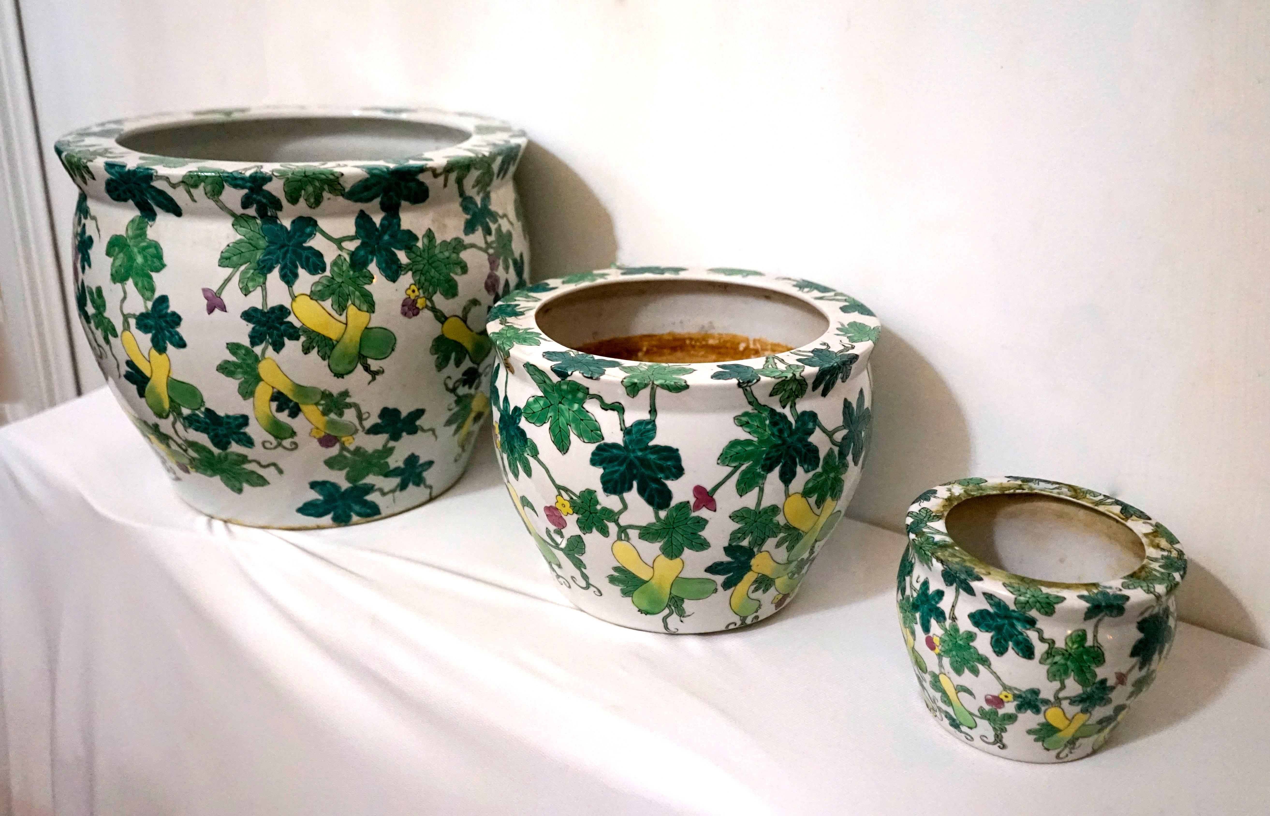 Hand-Painted Famille Verte Set of Chinese Export Vintage Planters or Fishbowls