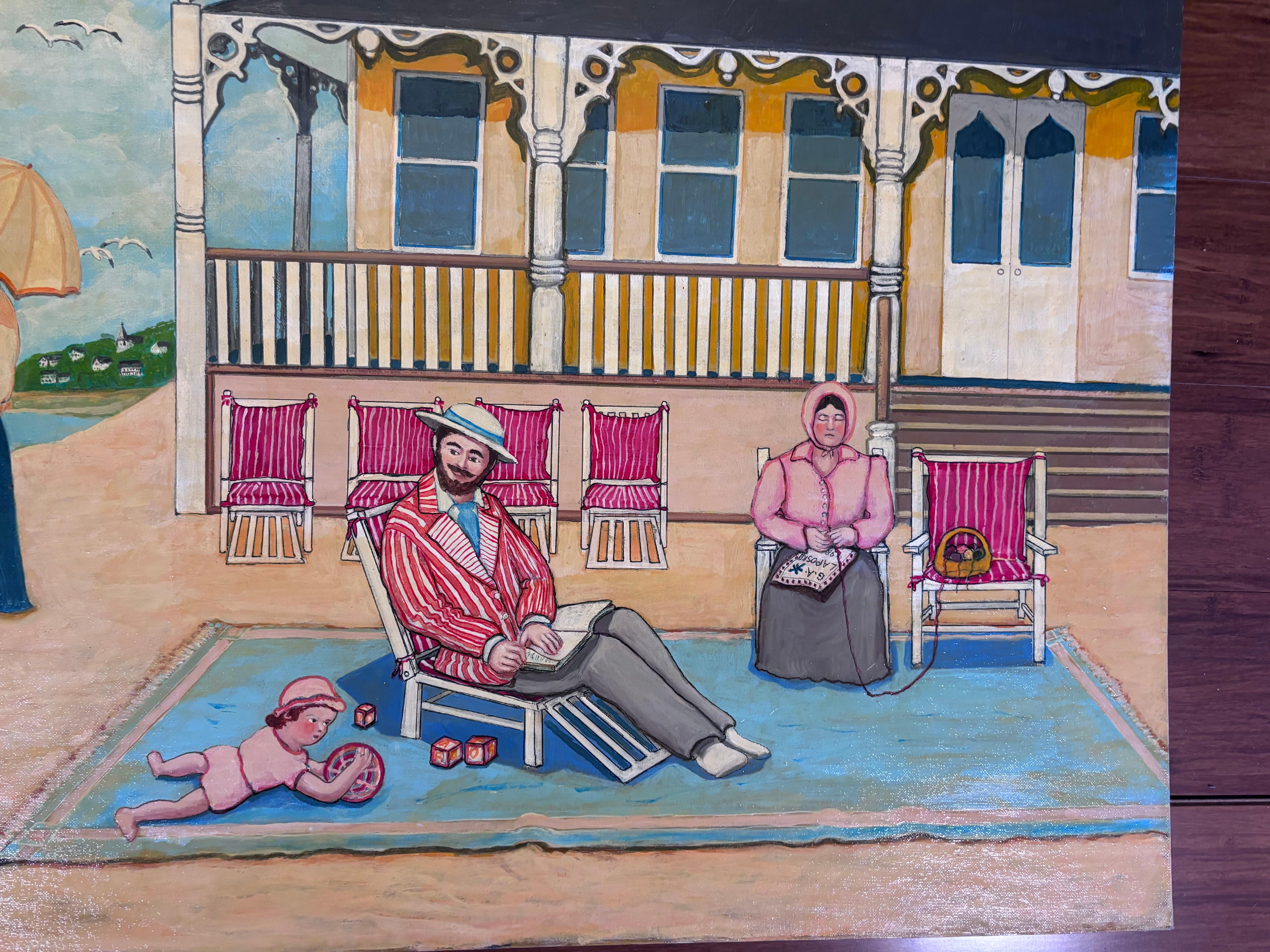 Arte popolare Pittura di famiglia in spiaggia Pittura di famiglia in vacanza Artista folk outsider autodidatta Gloria Laposka in vendita