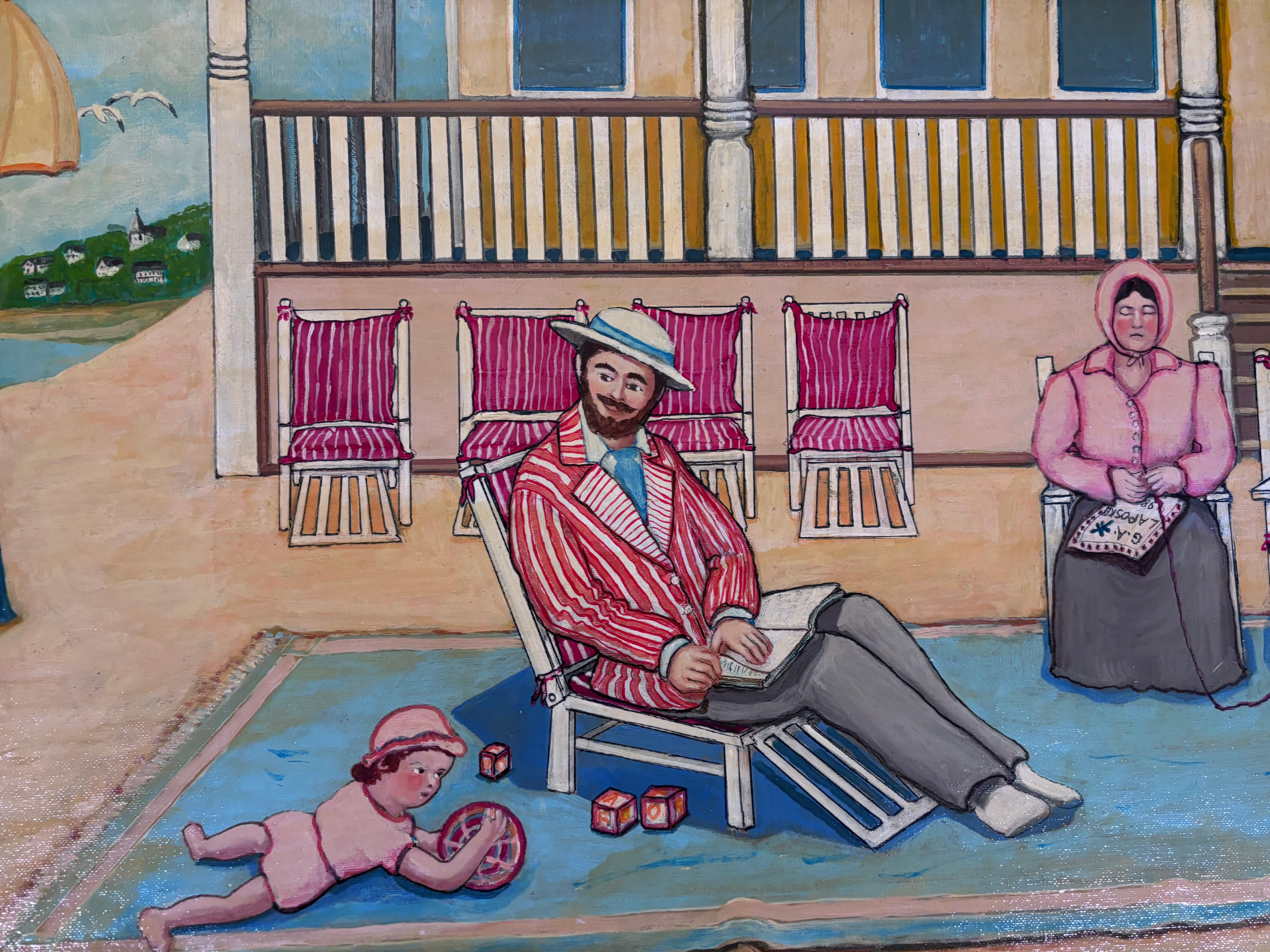 Americano Pittura di famiglia in spiaggia Pittura di famiglia in vacanza Artista folk outsider autodidatta Gloria Laposka in vendita