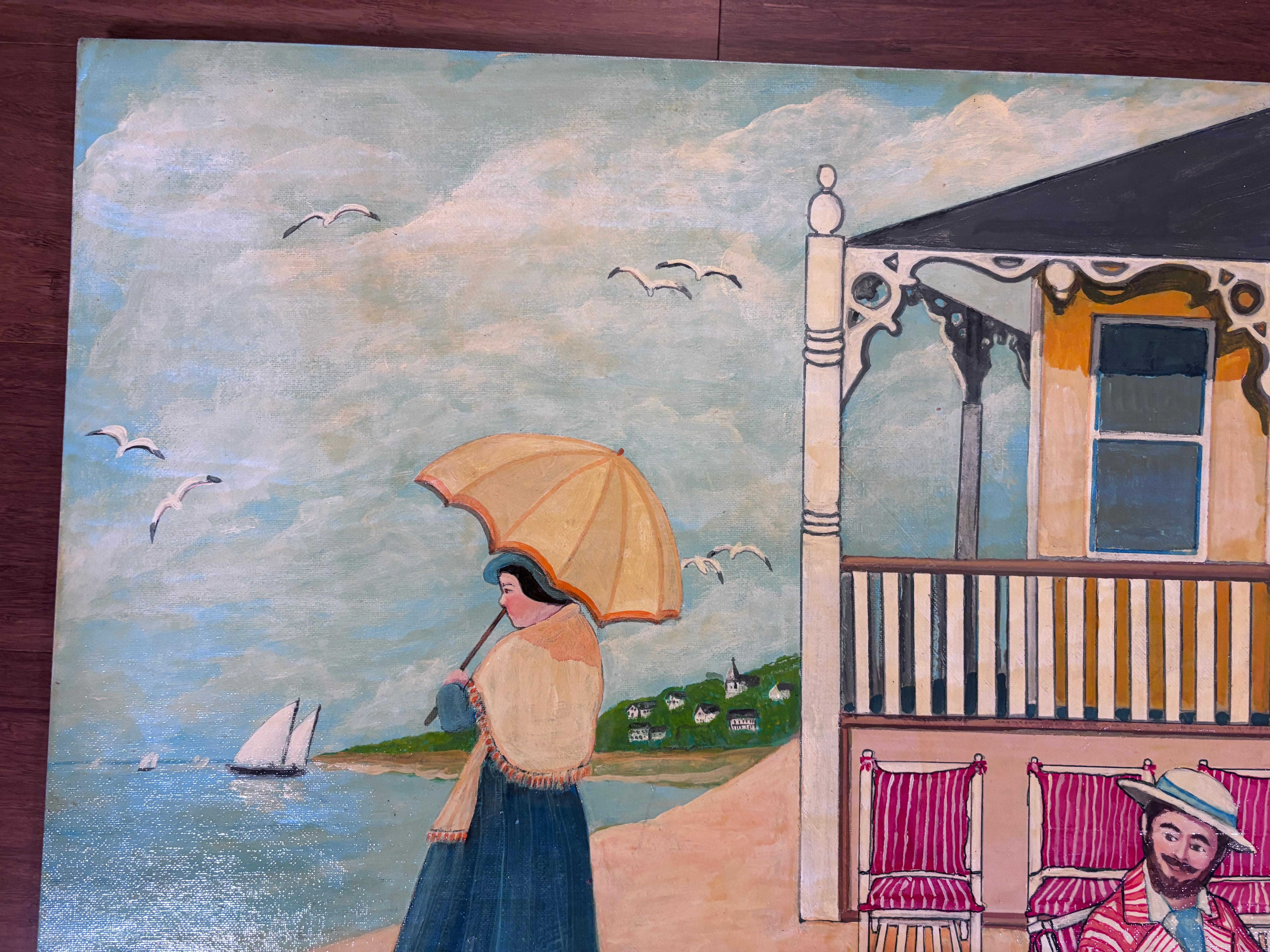Dipinto a mano Pittura di famiglia in spiaggia Pittura di famiglia in vacanza Artista folk outsider autodidatta Gloria Laposka in vendita