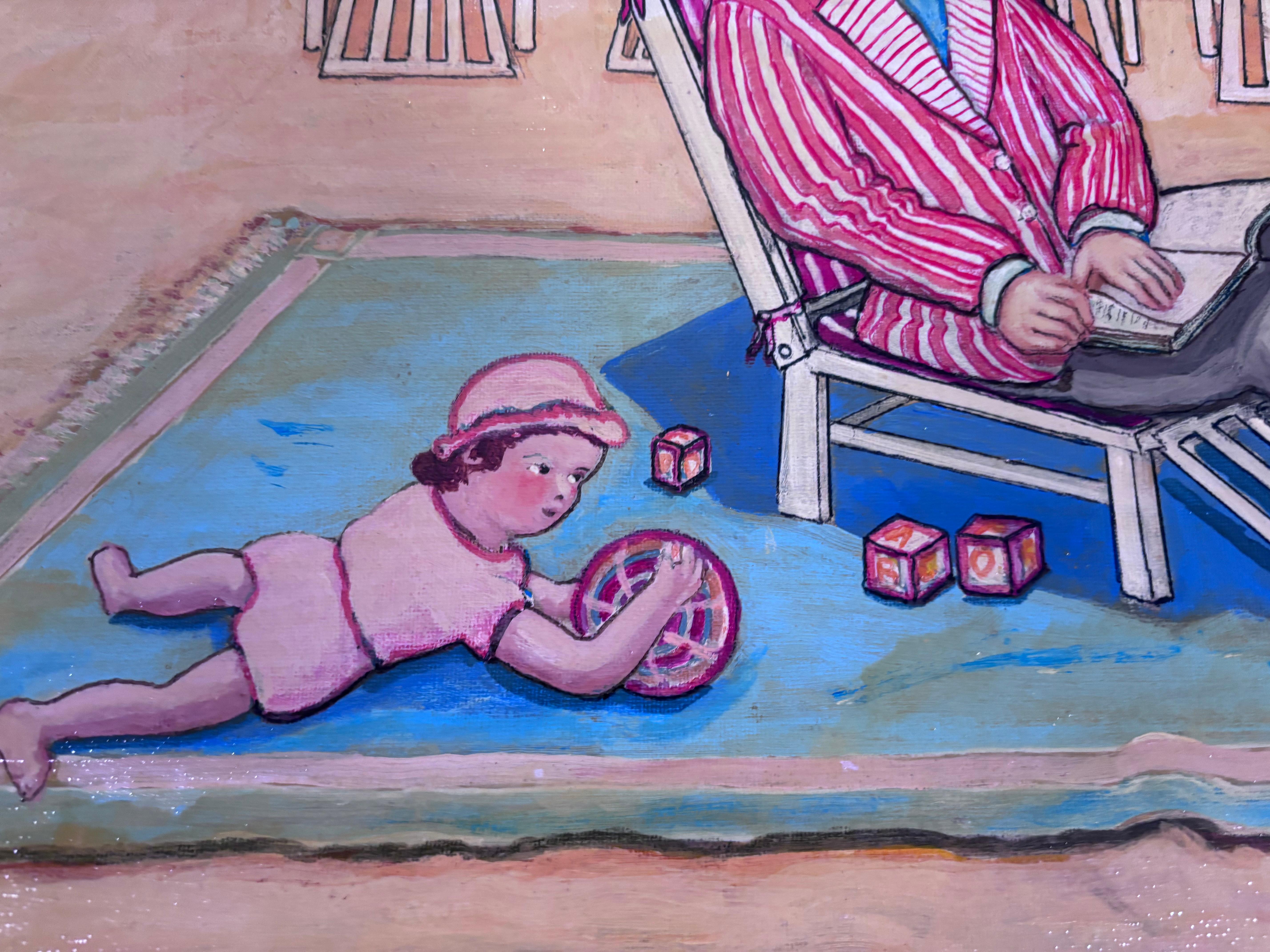 XX secolo Pittura di famiglia in spiaggia Pittura di famiglia in vacanza Artista folk outsider autodidatta Gloria Laposka in vendita