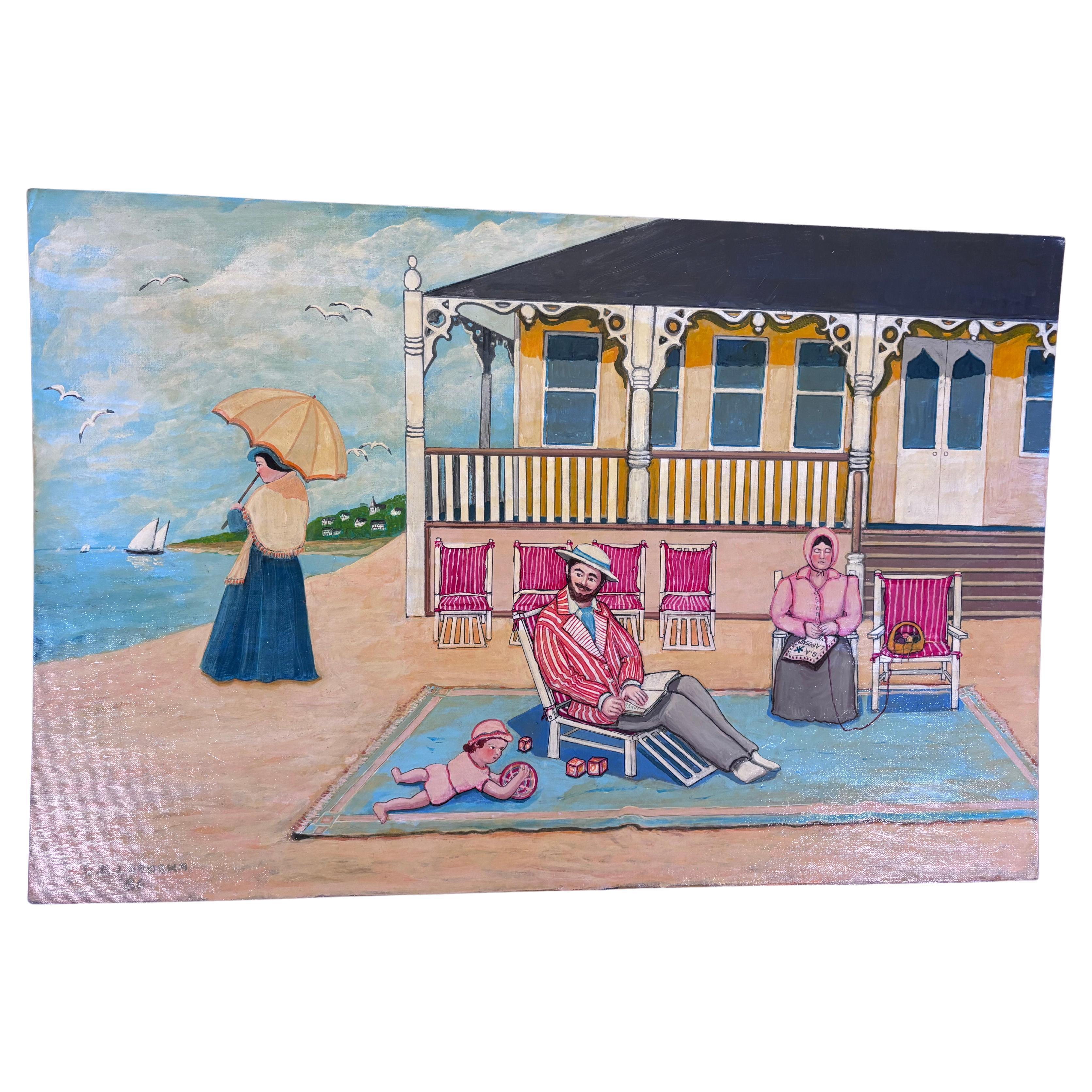 Family Beach Holiday Painting Self Taught Outsider Folk Artist Gloria Laposka