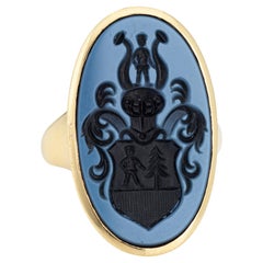 Family Crest Signet Ring Retro 14k Yellow Gold Blue Agate Large Oval Sz 6