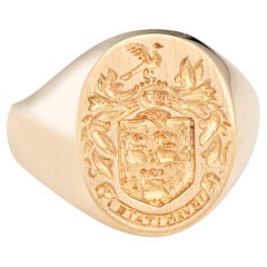 Family Crest Signet Ring Vintage Mid Century Heavy 14k Yellow Gold Sz 10