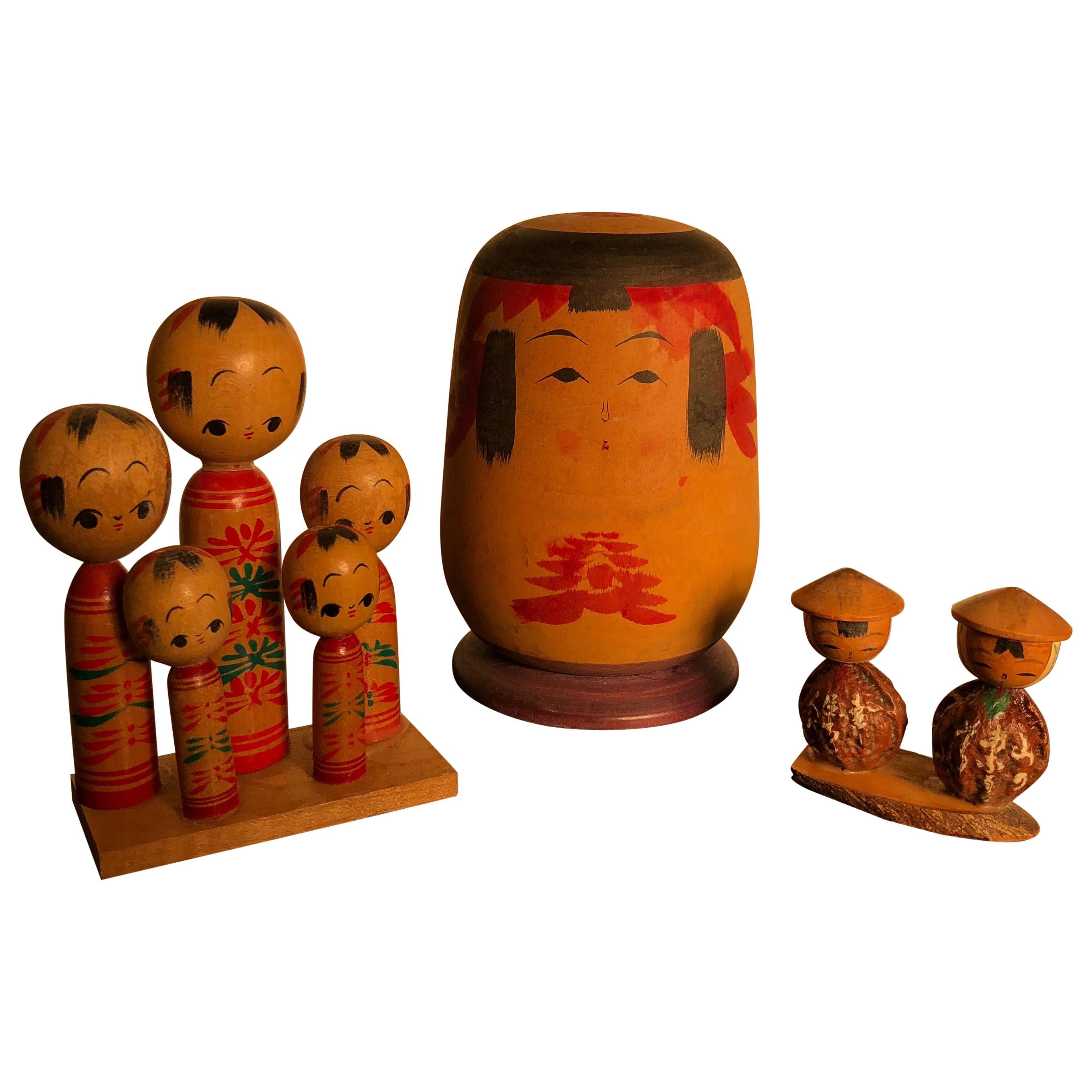 Family Eight Old Japanese Famous Kokeshi Dolls, All Hand Painted and Signed