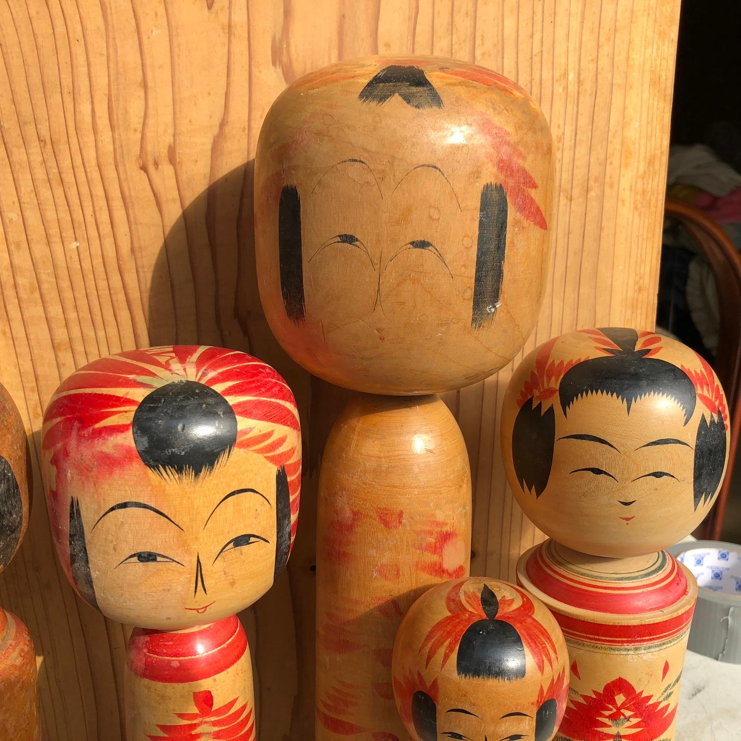Showa Family Five Old Japanese Famous Kokeshi Dolls, All Hand-Painted and Signed