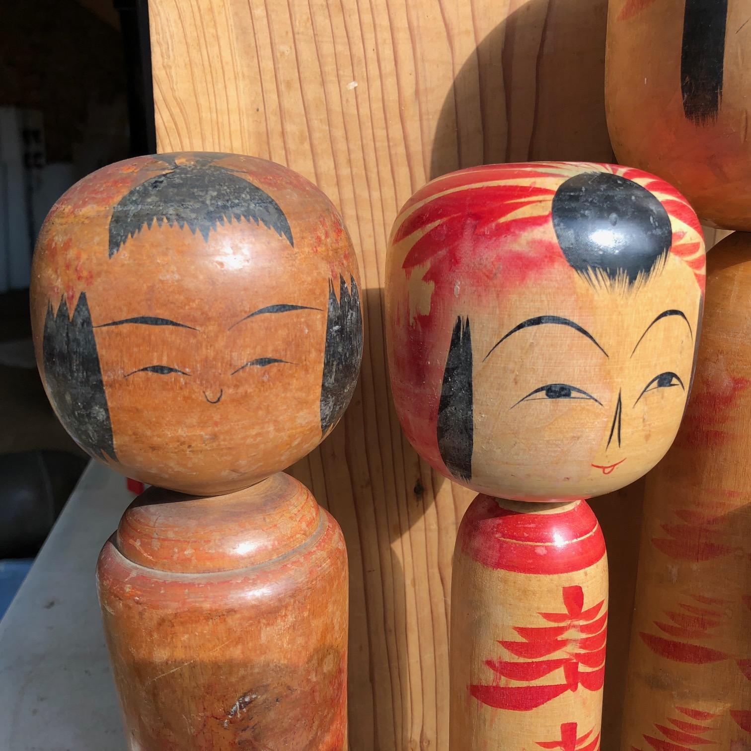 Hand-Crafted Family Five Old Japanese Famous Kokeshi Dolls, All Hand-Painted and Signed