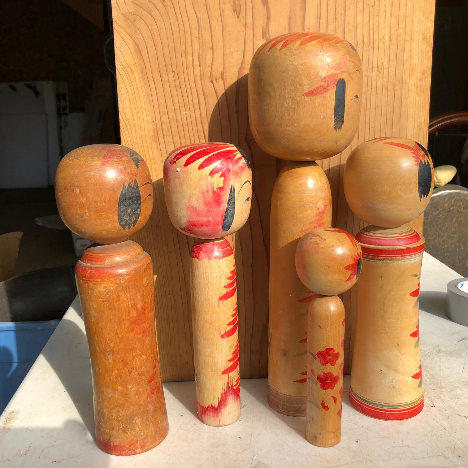 20th Century Family Five Old Japanese Famous Kokeshi Dolls, All Hand-Painted and Signed