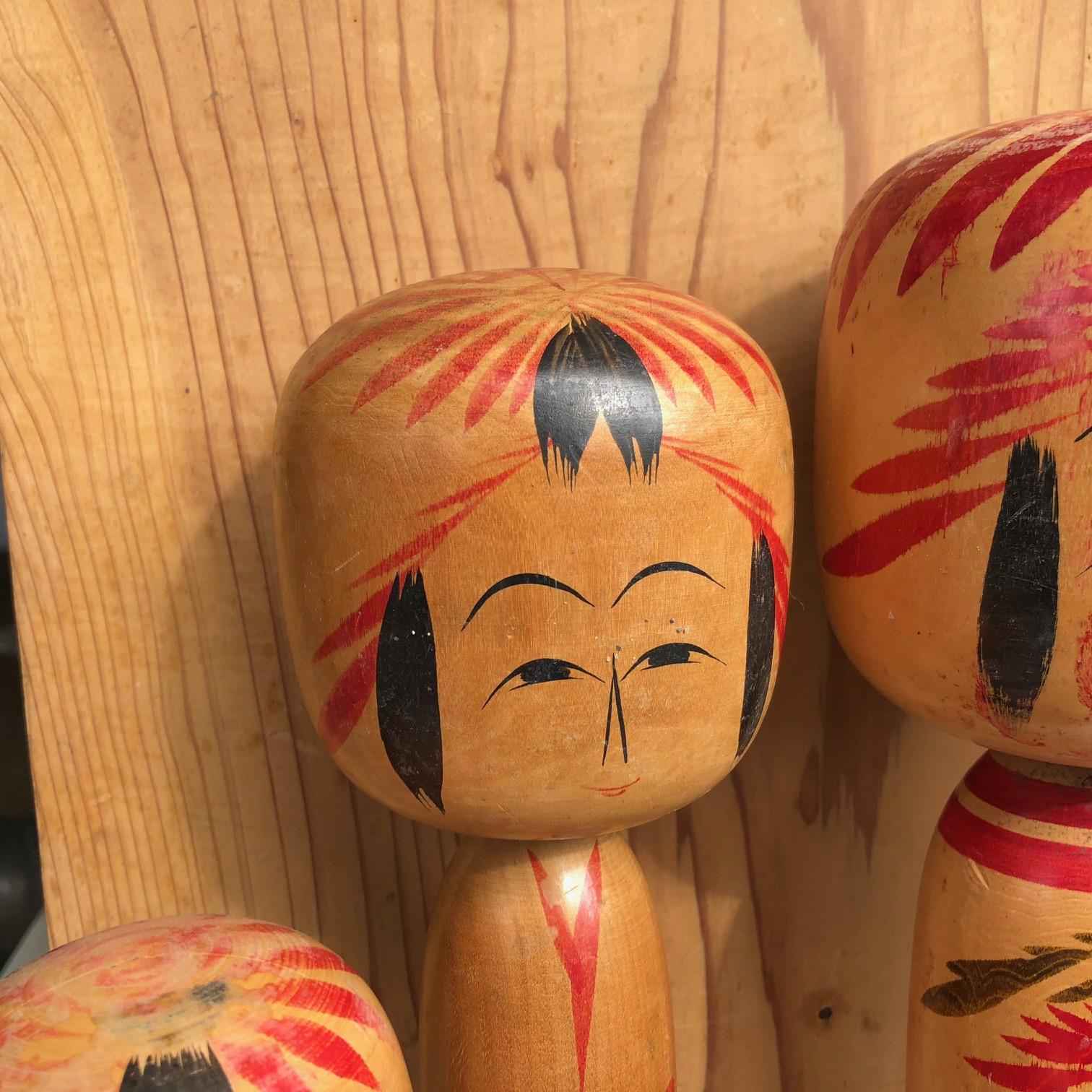 Showa Family Five Old Japanese Famous Kokeshi Dolls, All Hand Painted and Signed