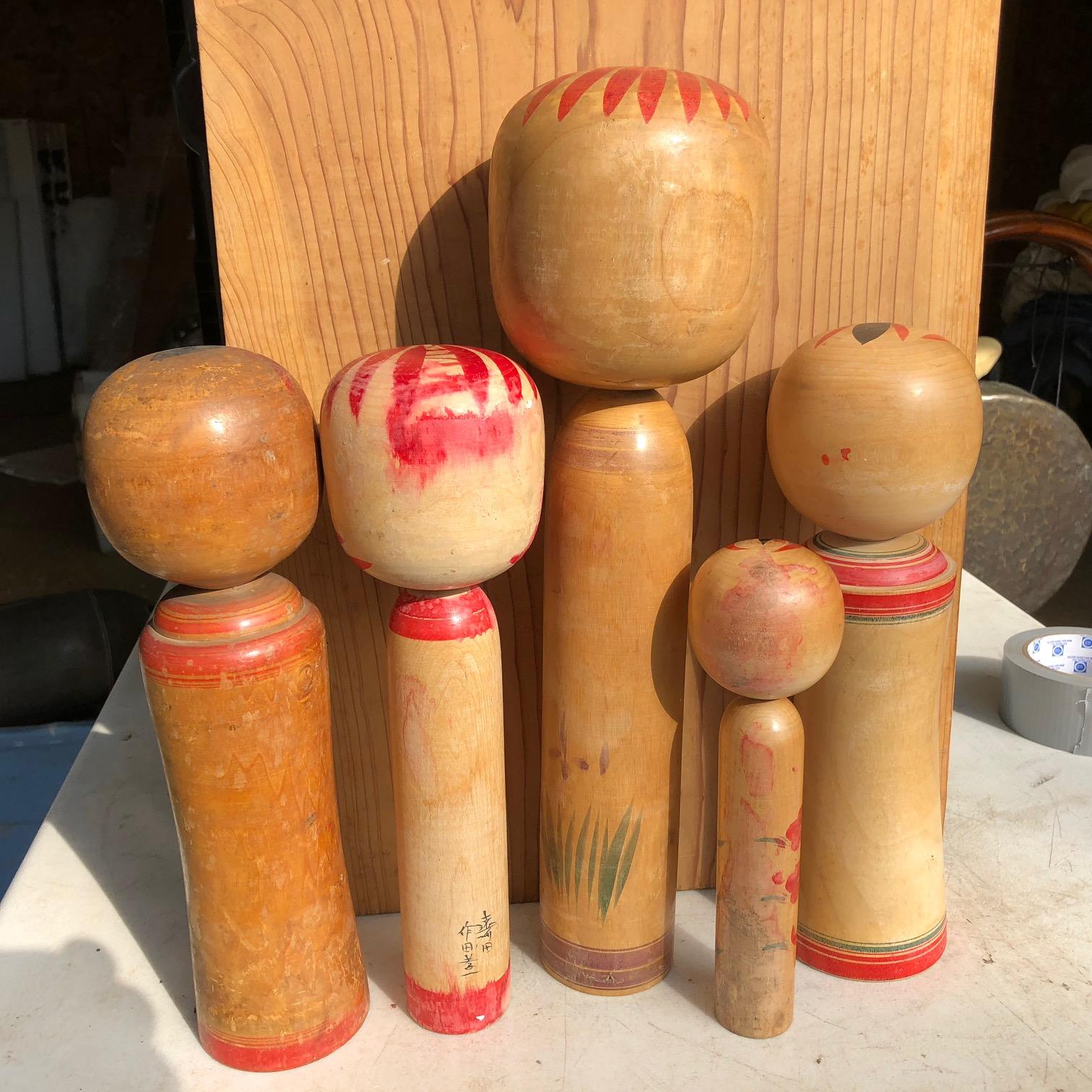Wood Family Five Old Japanese Famous Kokeshi Dolls, All Hand-Painted and Signed