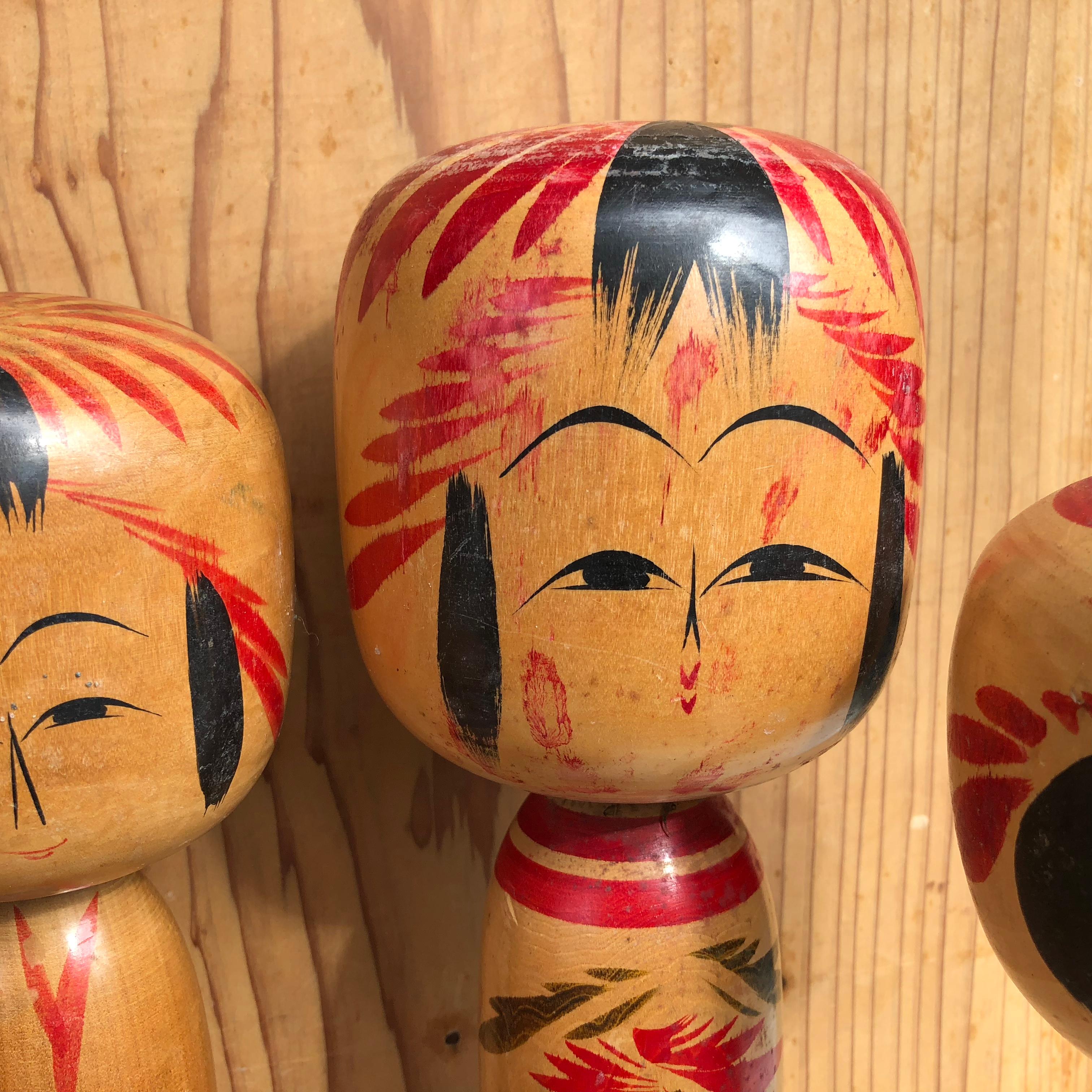 Hand-Painted Family Five Old Japanese Famous Kokeshi Dolls, All Hand Painted and Signed