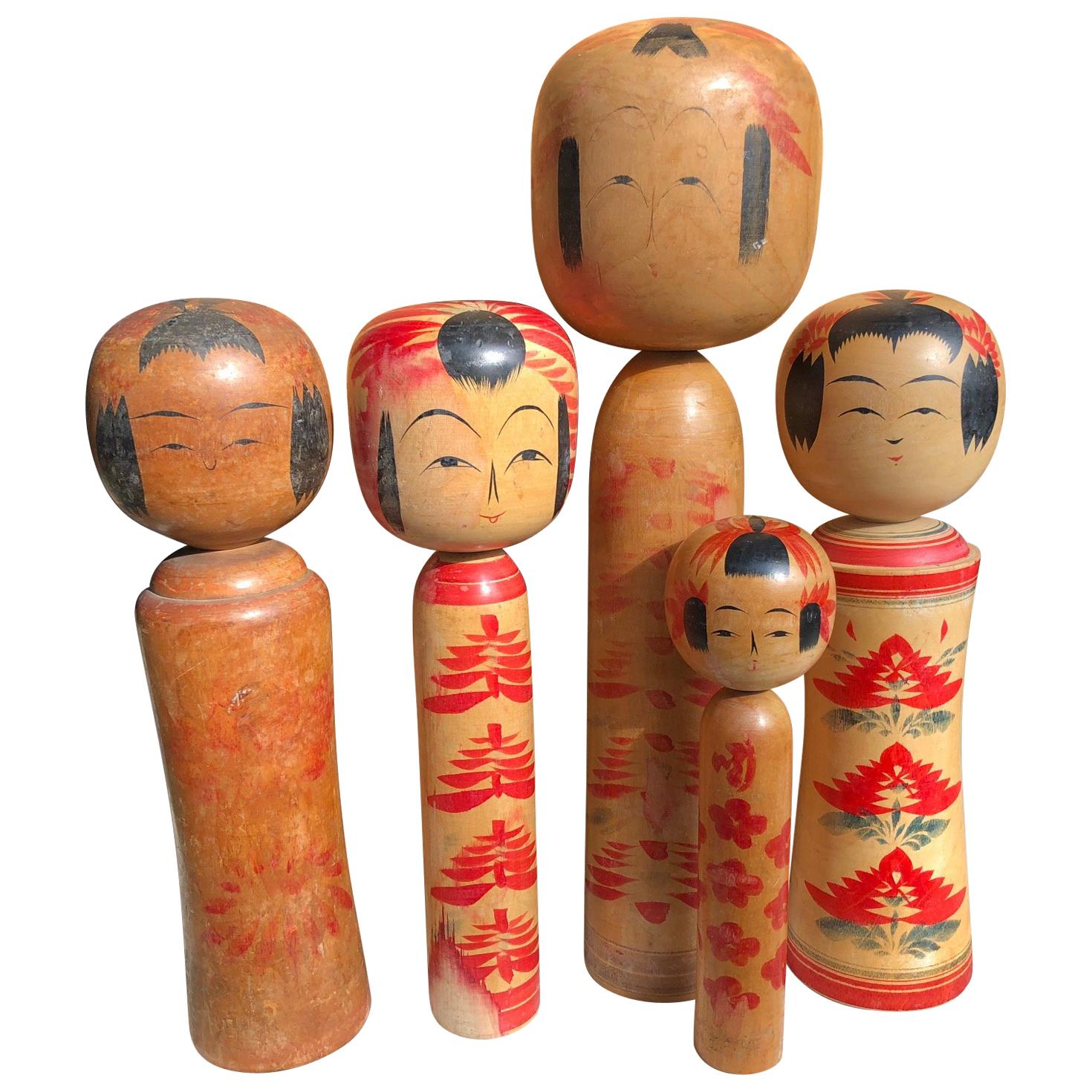 Family Five Old Japanese Famous Kokeshi Dolls, All Hand-Painted and Signed