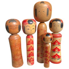 Retro Family Five Old Japanese Famous Kokeshi Dolls, All Hand-Painted and Signed