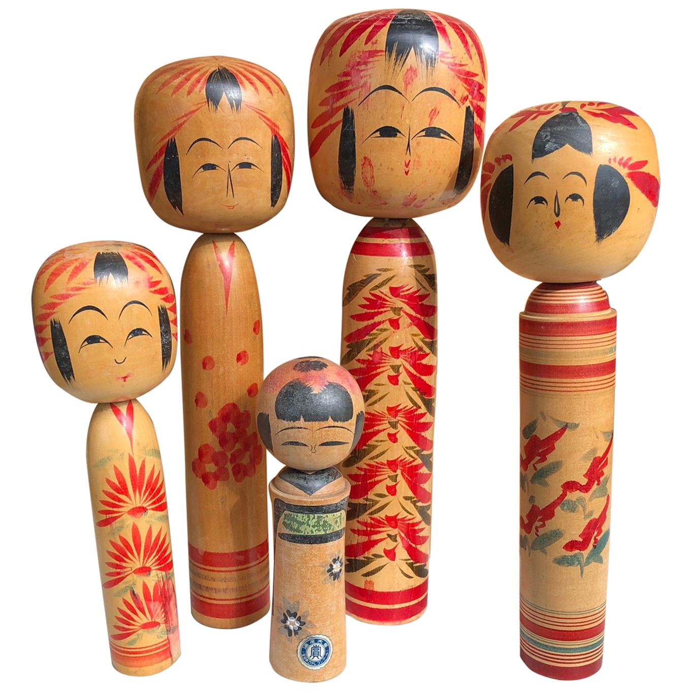Family Five Old Japanese Famous Kokeshi Dolls, All Hand Painted and Signed