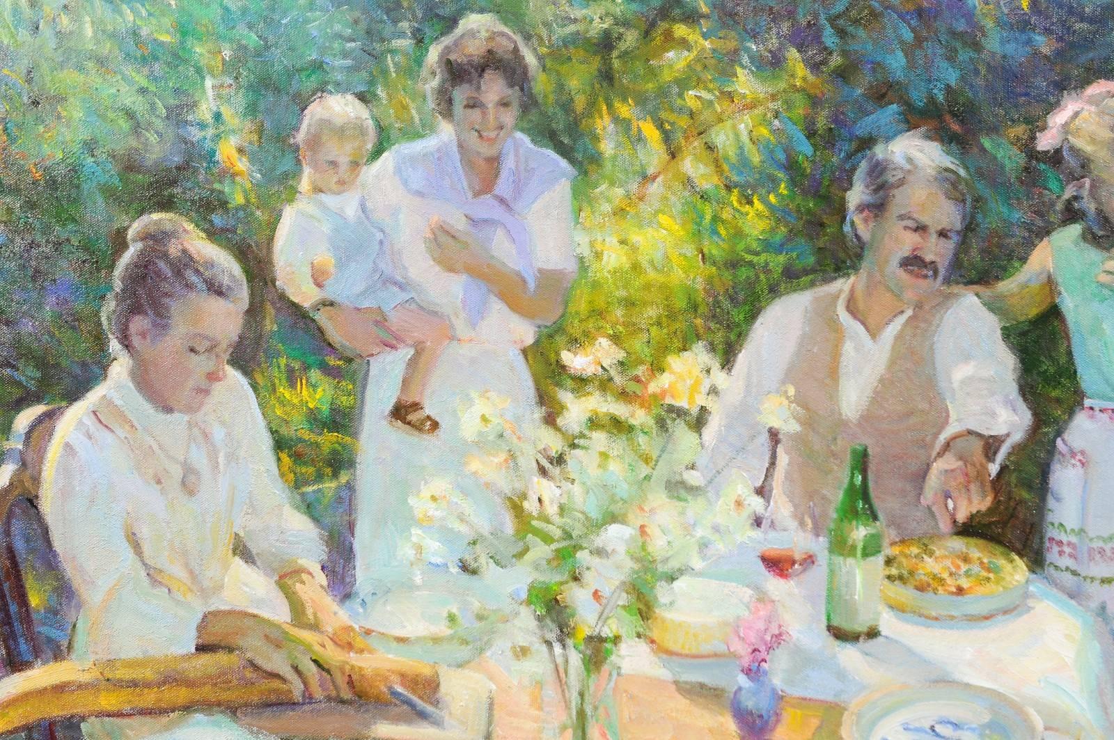 Family Joy, Don Hatfield Contemporary Framed Garden Oil on Linen Painting LiL In Excellent Condition In Atlanta, GA