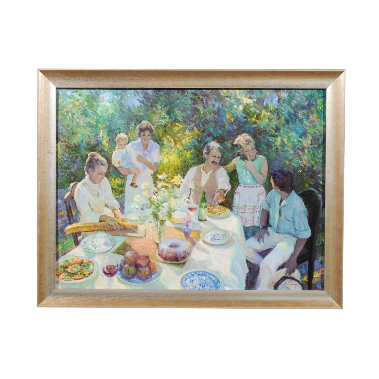 Family Joy, Don Hatfield Contemporary Framed Garden Oil on Linen Painting LiL
