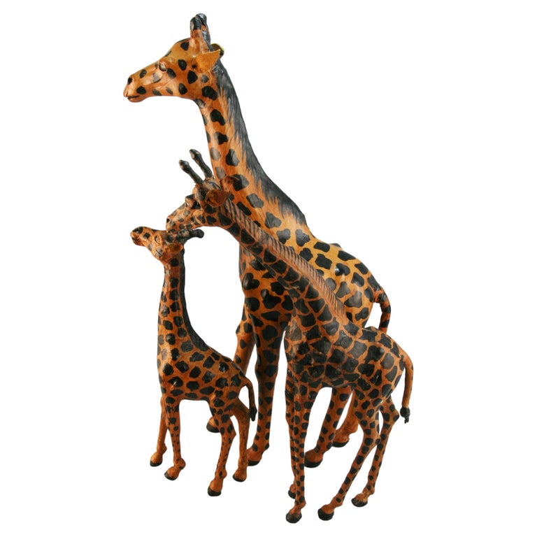 Family of Three Hand Made Leather Giraffes For Sale