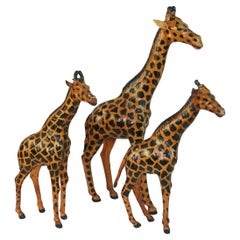 Family of Three Hand Made Leather Giraffes