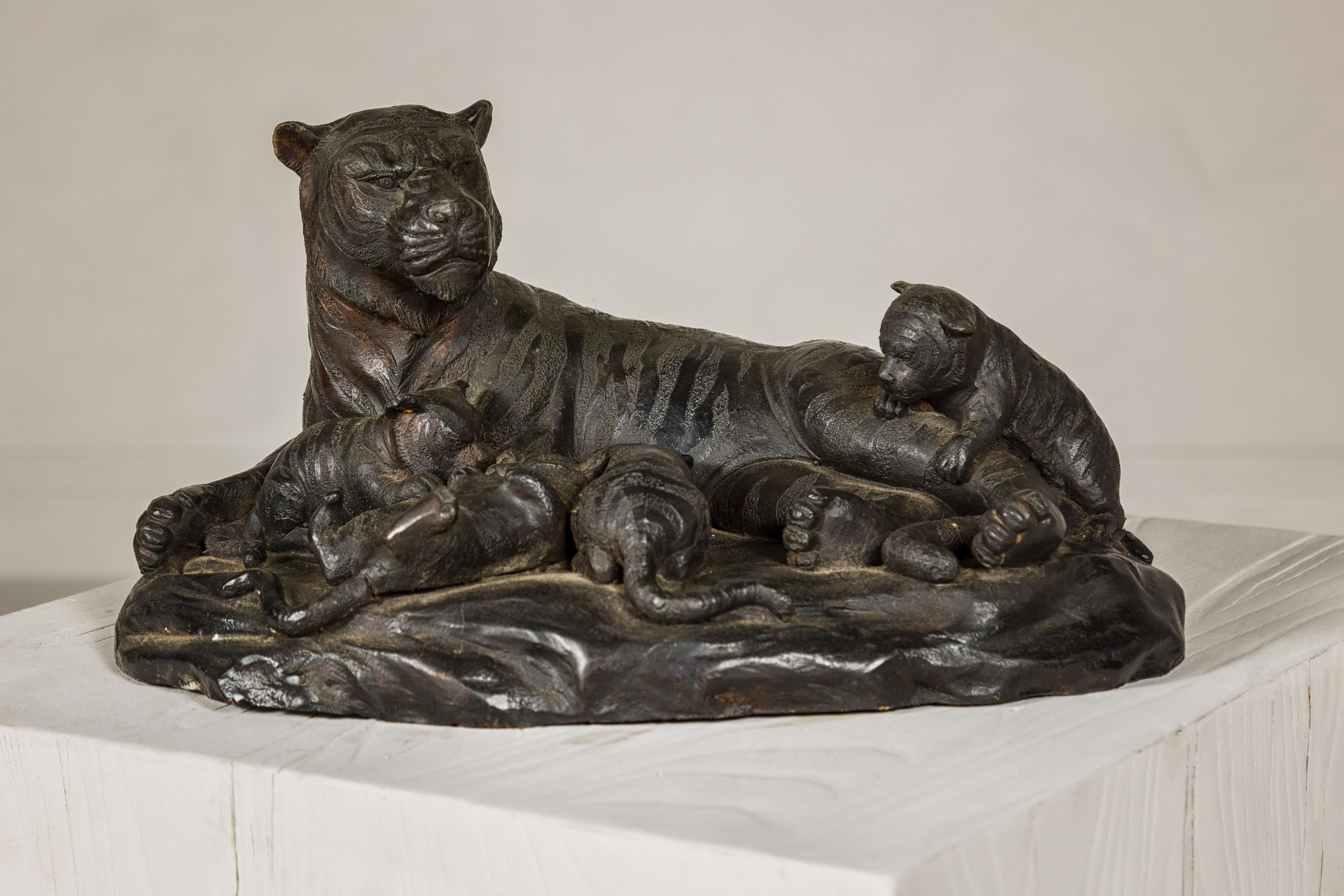 Cast Bronze Tabletop Statue of a Family of Tigers For Sale