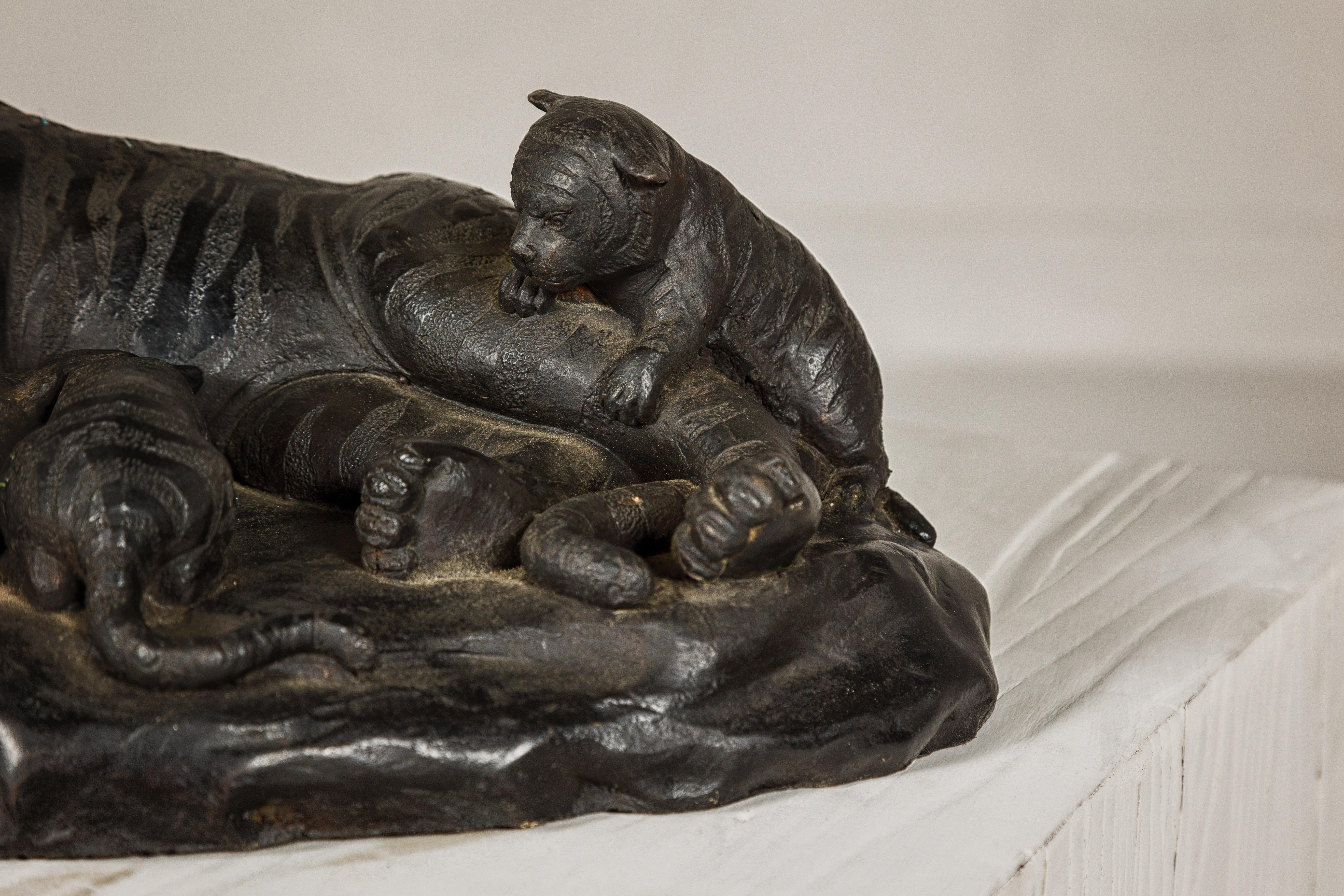 20th Century Bronze Tabletop Statue of a Family of Tigers For Sale