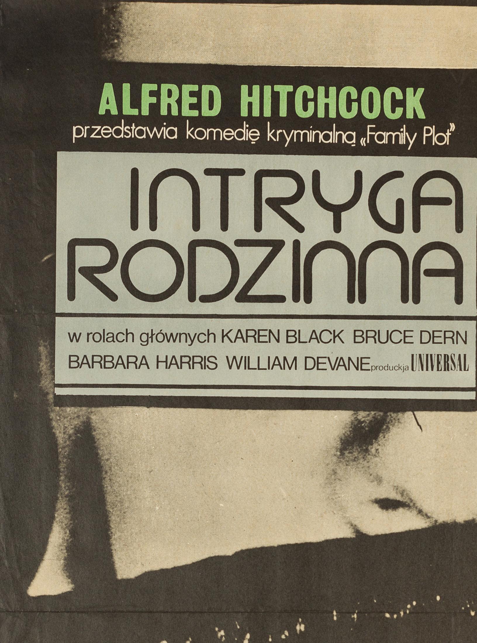 Une œuvre d'art originale très cool figure sur l'affiche polonaise de 1977 pour le dernier film d'Hitchcock, Family plot. La première année de sortie du film en Pologne.

A l'origine plié mais stocké à plat pendant longtemps et sera envoyé roulé.