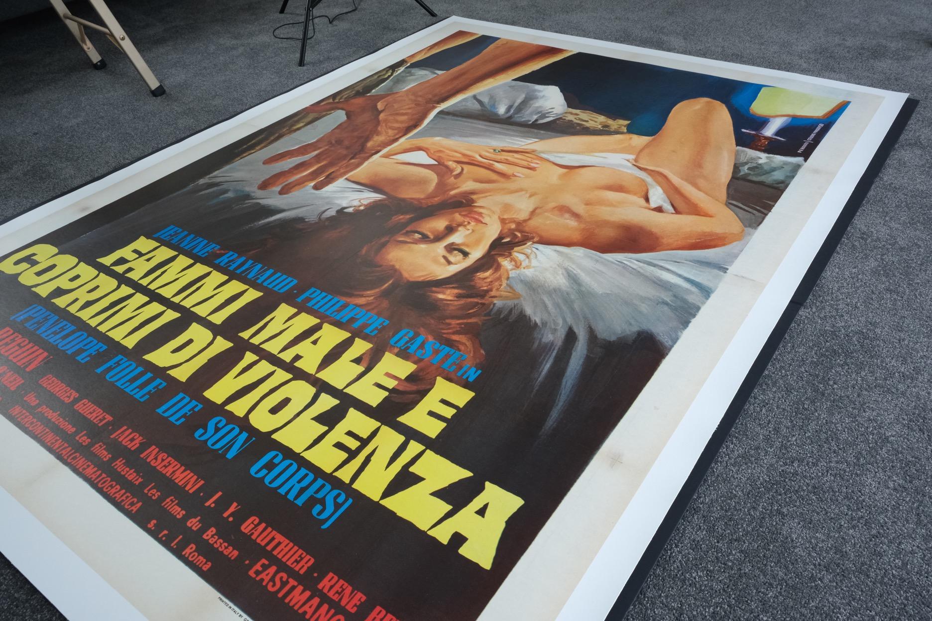 Size: Italian Four Sheet

Condition: Mint

Dimensions: 2080mm x 1175mm (inc. Linen Border)

Type: Original Lithographic Print - Linen Backed

Year: 1973

Details: A rare movie poster artwork for the Italian sexploitation film ‘Fammi Male E