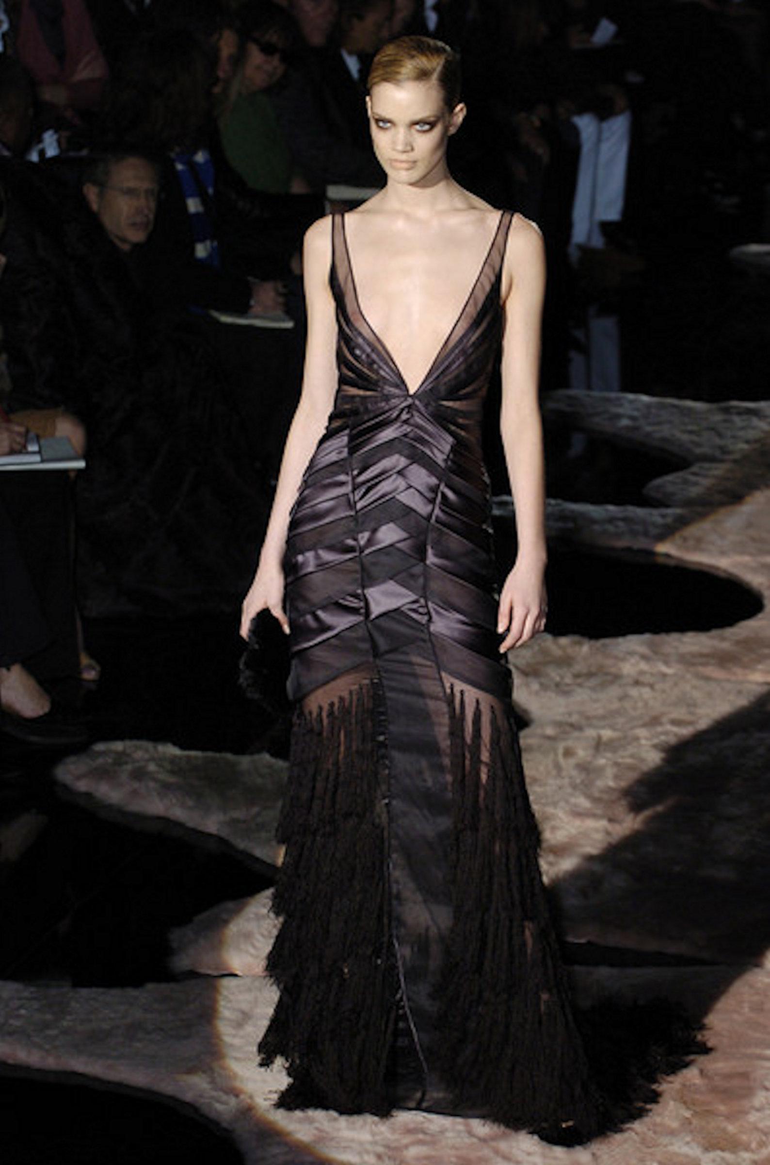 UNWORN Gucci by Tom Ford FW 2004 Black Silk and Tassle Evening Gown ...
