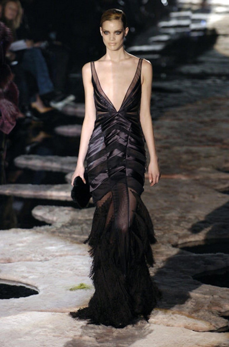UNWORN Gucci by Tom Ford FW 2004 Black Silk and Tassle Evening Gown Dress  40 For Sale at 1stDibs