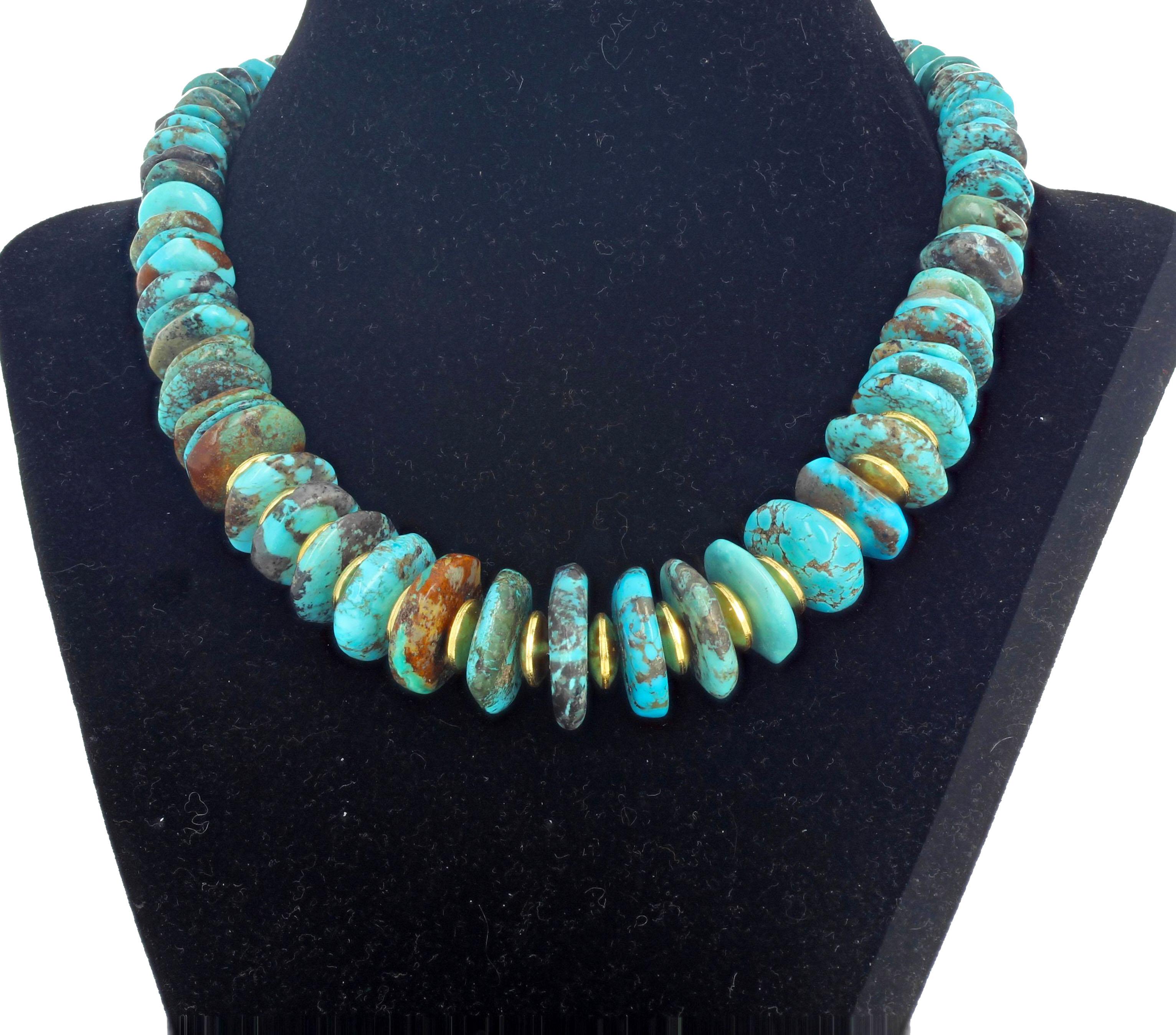 Stunningly beautiful natural Turquoise - largest one is approximately 22mm - enhanced with Vermeil - gold plated sterling silver - rondels set with this lovely gold plated clasp enhanced with real diamonds.  The Turquoise necklace is 16.5 inches