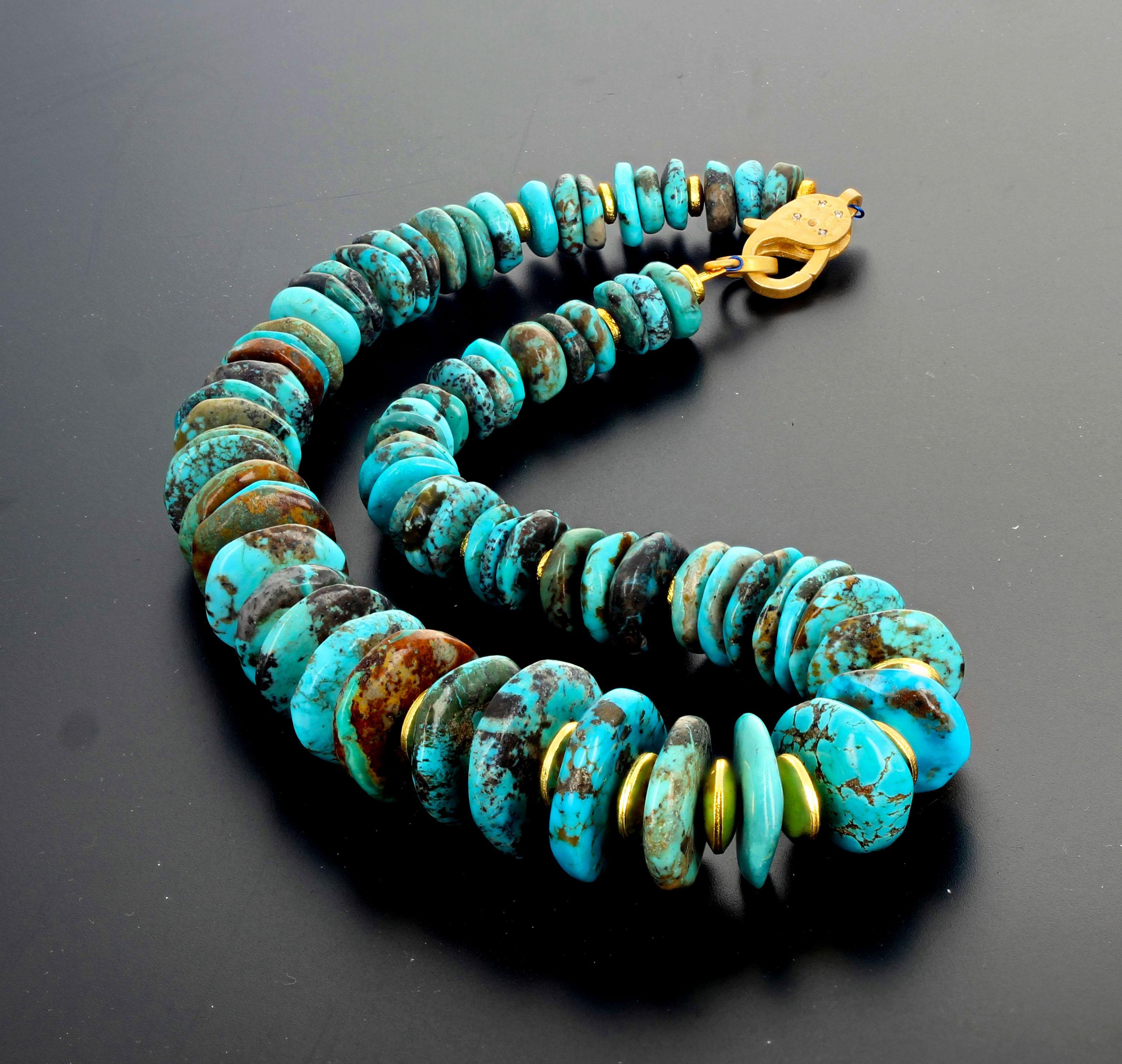 Famous Iron Mountain Turquoise and Goldy Rondels Necklace In New Condition In Raleigh, NC