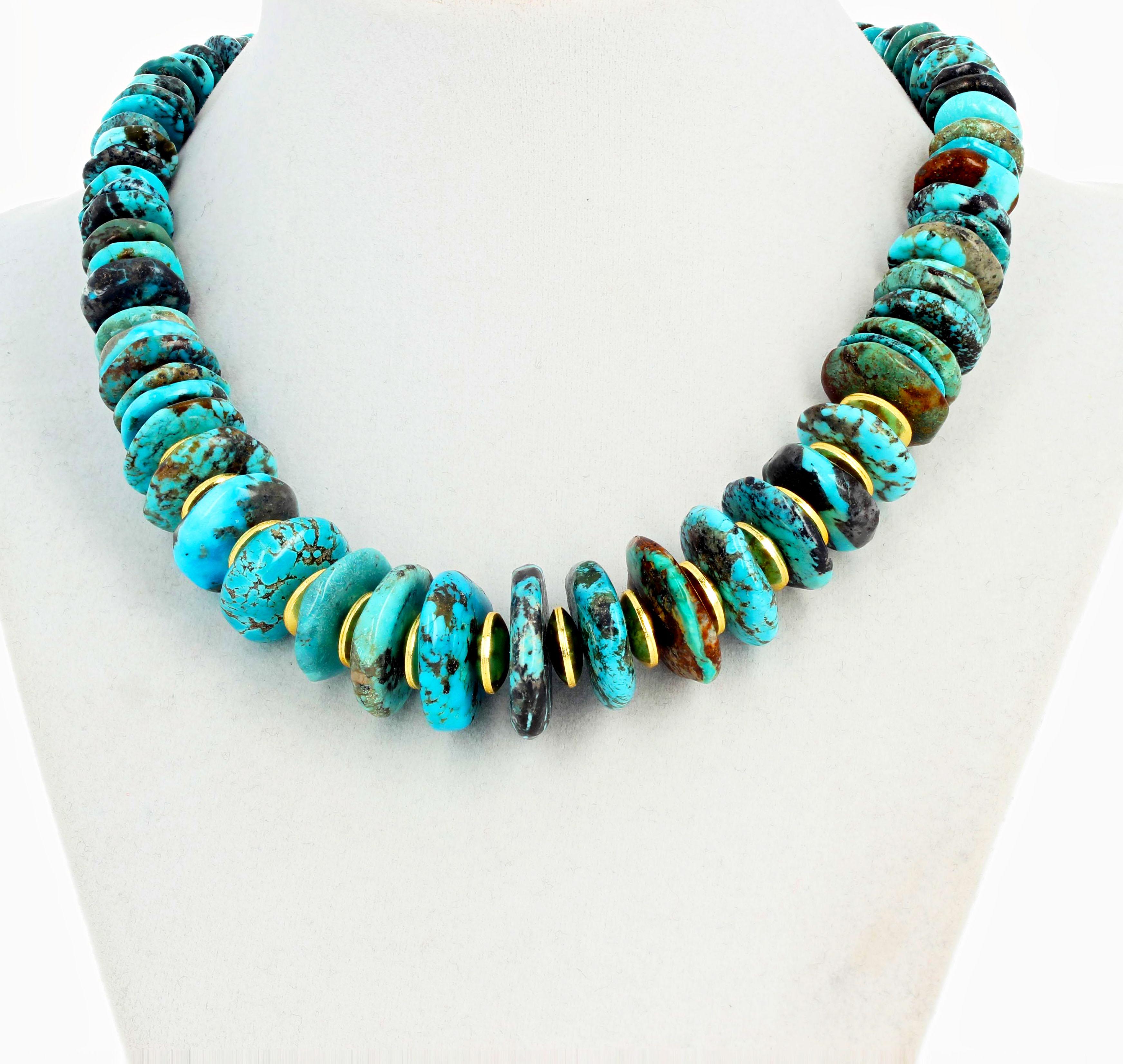 Women's or Men's Famous Iron Mountain Turquoise and Goldy Rondels Necklace