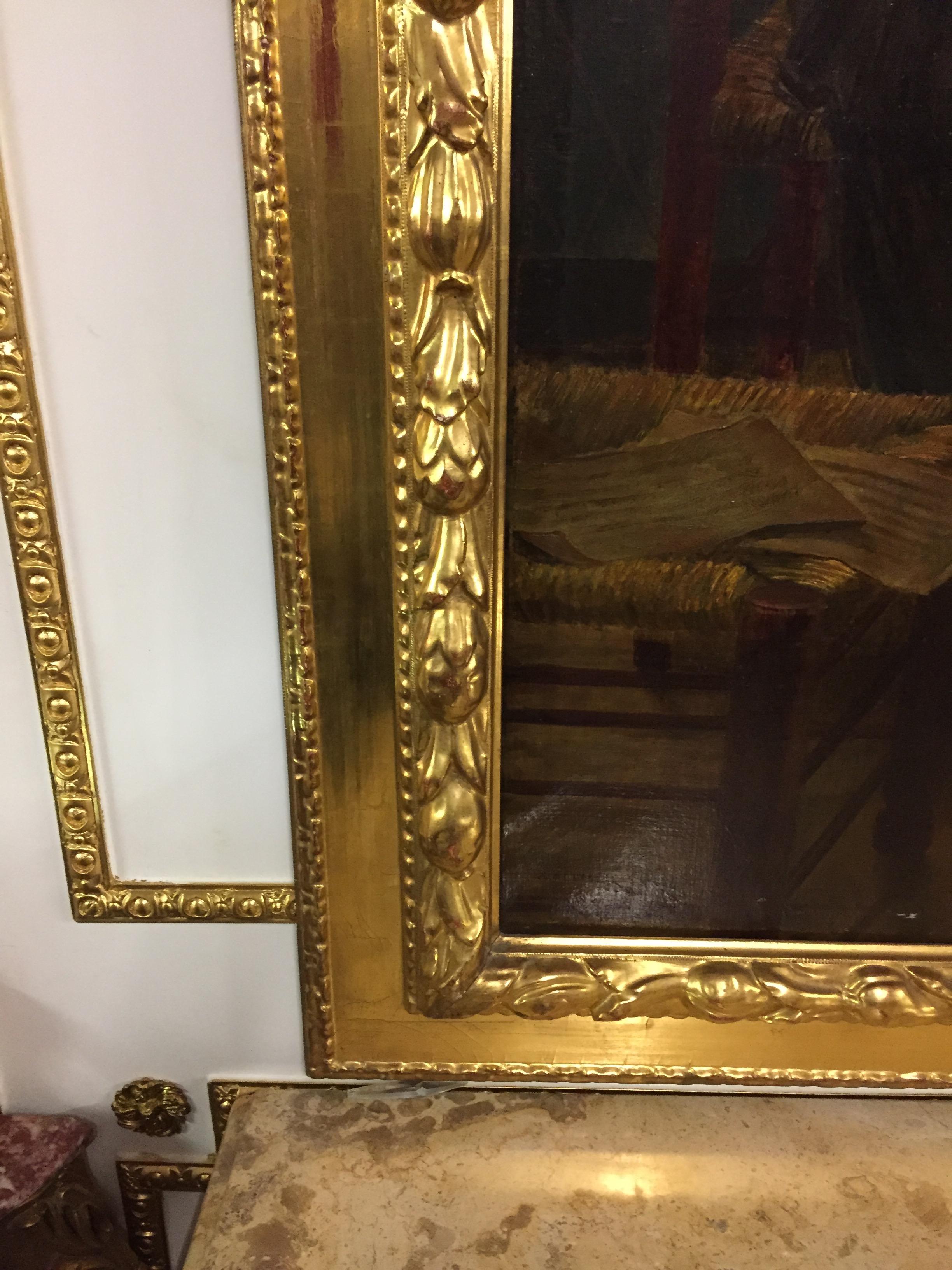 Biedermeier Famous Painter Walther Firle Oil on Canvas with Leaf Gold Frame