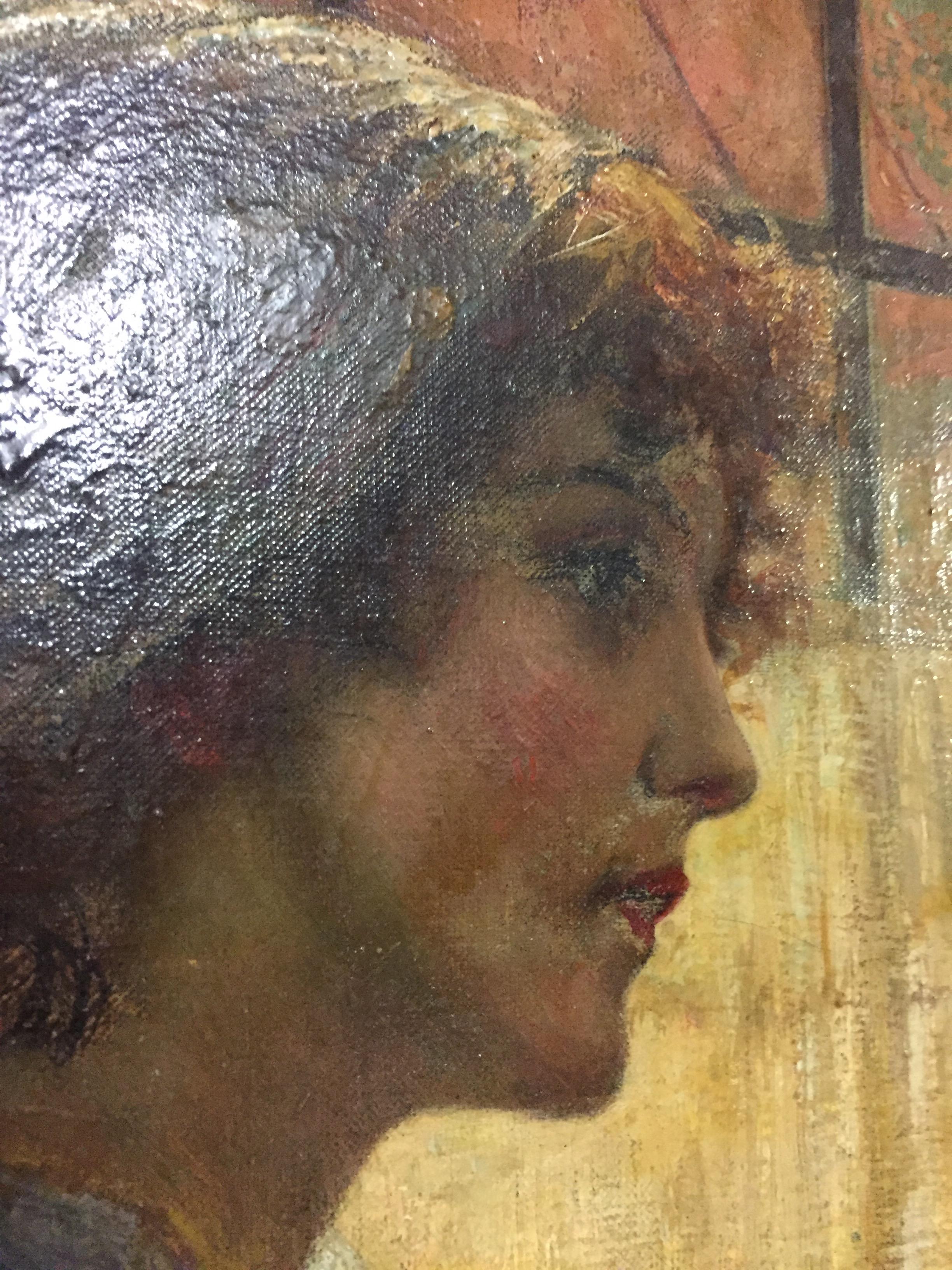XIXe siècle Huile sur toile du célèbre peintre Firle en noyer avec cadre doré à feuilles en vente