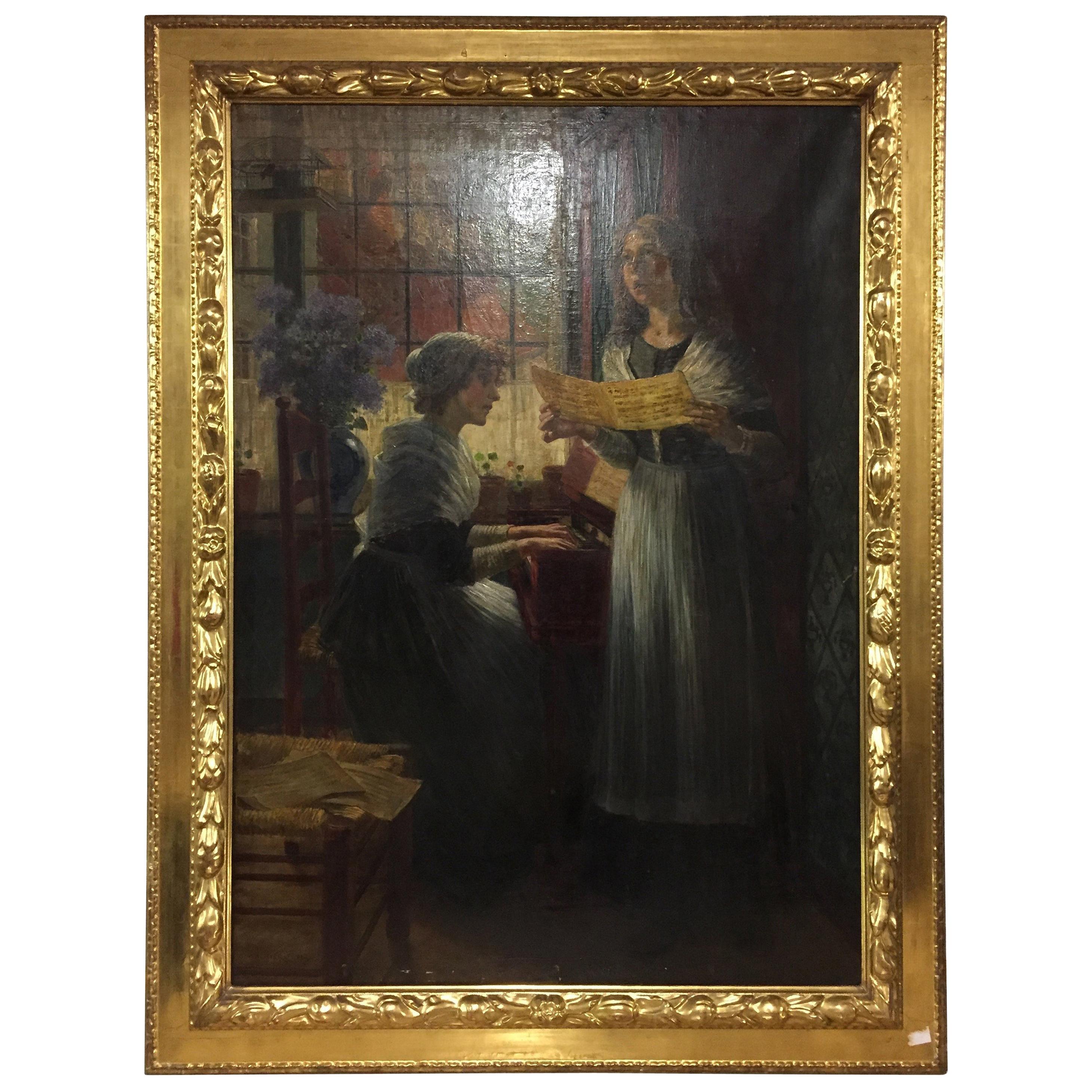 Famous Painter Walther Firle Oil on Canvas with Leaf Gold Frame For Sale