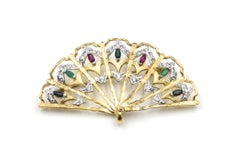 Fan Brooch and Earring Suite Vermeil Gold Tone Sterling with Faux Gemstones