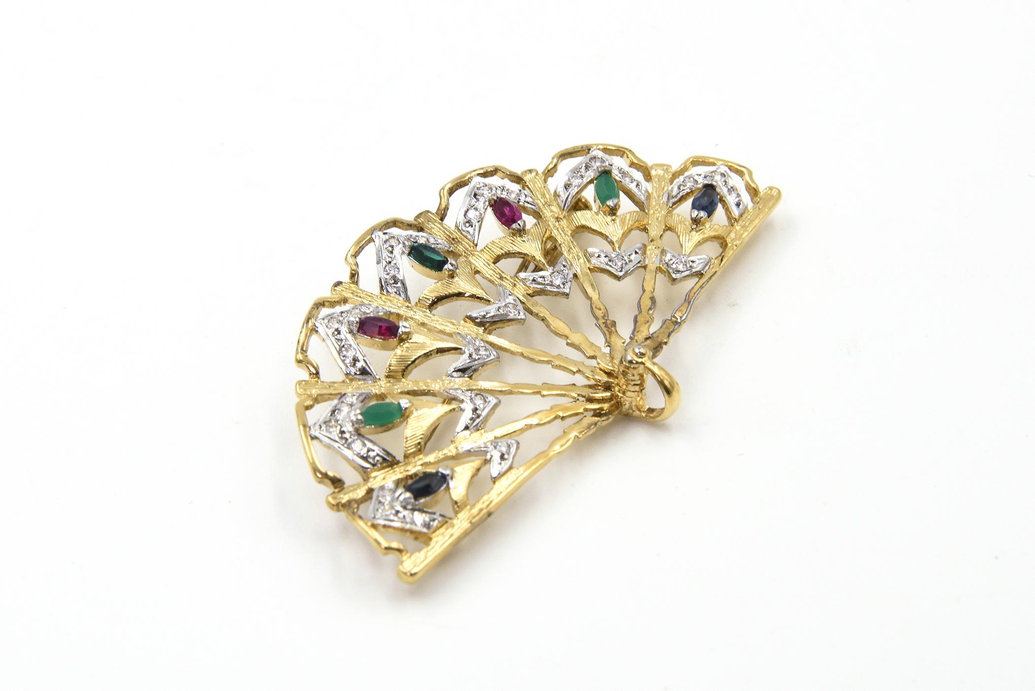 Fan Brooch and Earring Suite Vermeil Gold Tone Sterling with Faux Gemstones In Good Condition For Sale In Miami Beach, FL