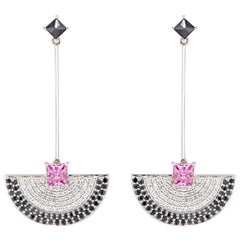 Fan Dangler Earrings with Pink Sapphire and Black and White Diamonds